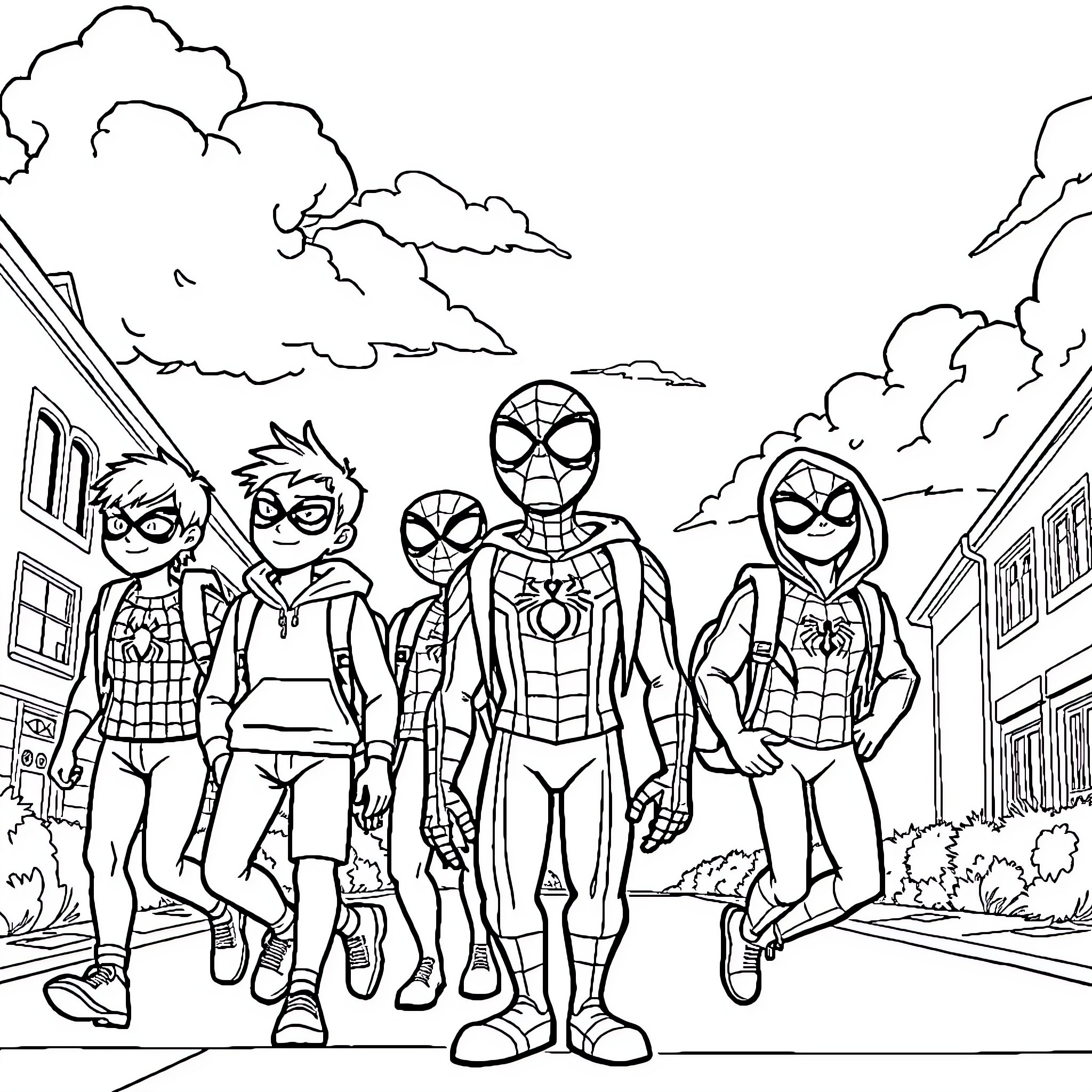 Spidey characters assembled for heroic action Coloring Page (free black-and-white line drawing printable PDF for all, from beginners to advanced learners, including children, teens, adults, and seniors)