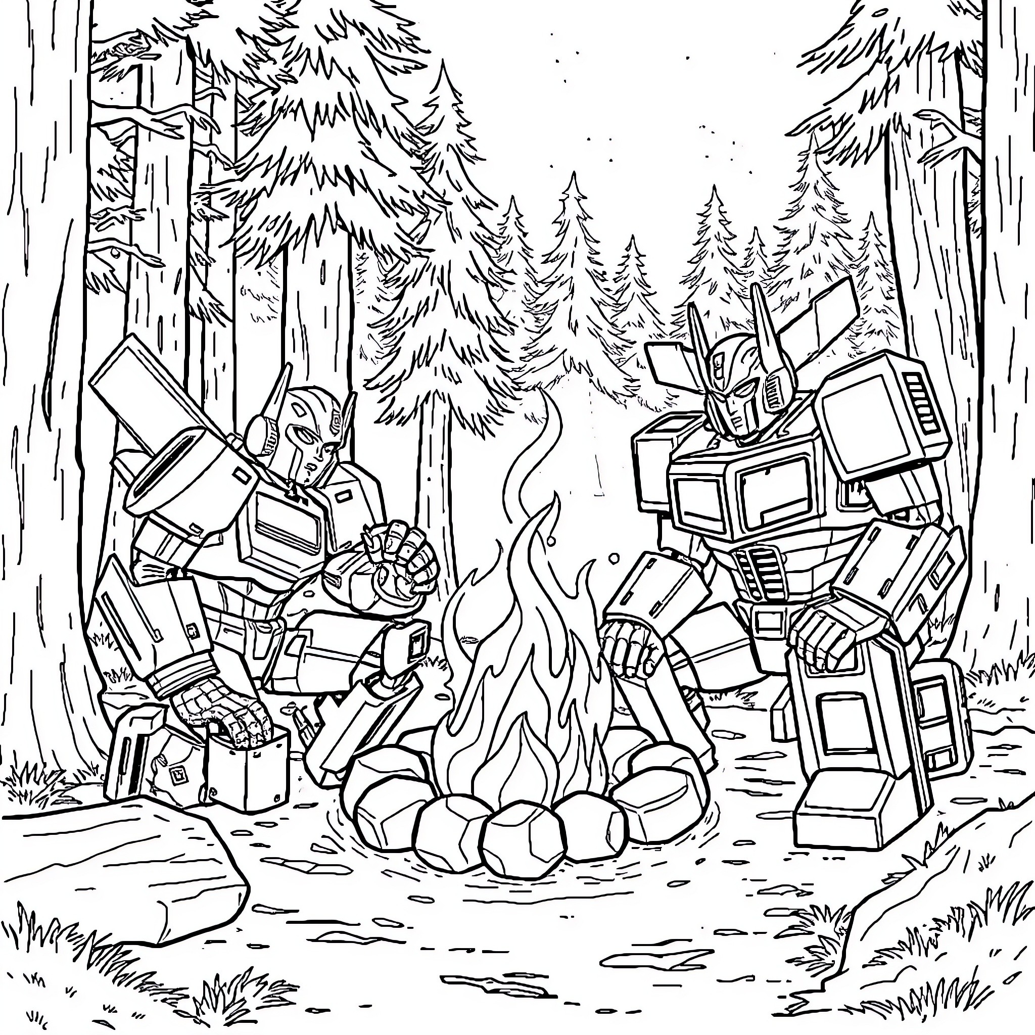 Bumblebee and Autobot comrades resting by campfire in forest Coloring Page (free black-and-white line drawing printable PDF for all, from beginners to advanced learners, including children, teens, adults, and seniors)