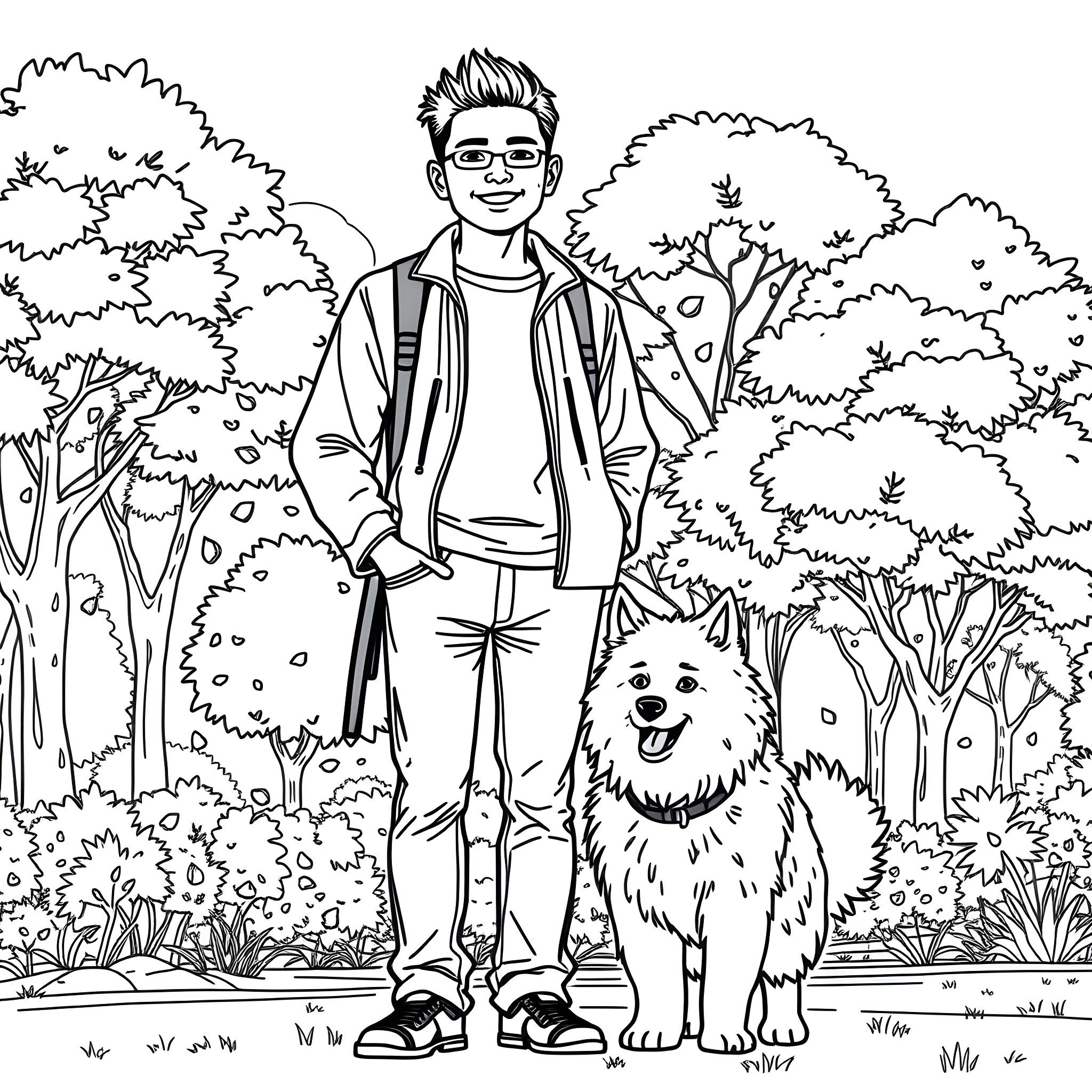 Guy walking his dog in the park Coloring Page (free black-and-white line drawing printable PDF for all, from beginners to advanced learners, including children, teens, adults, and seniors)