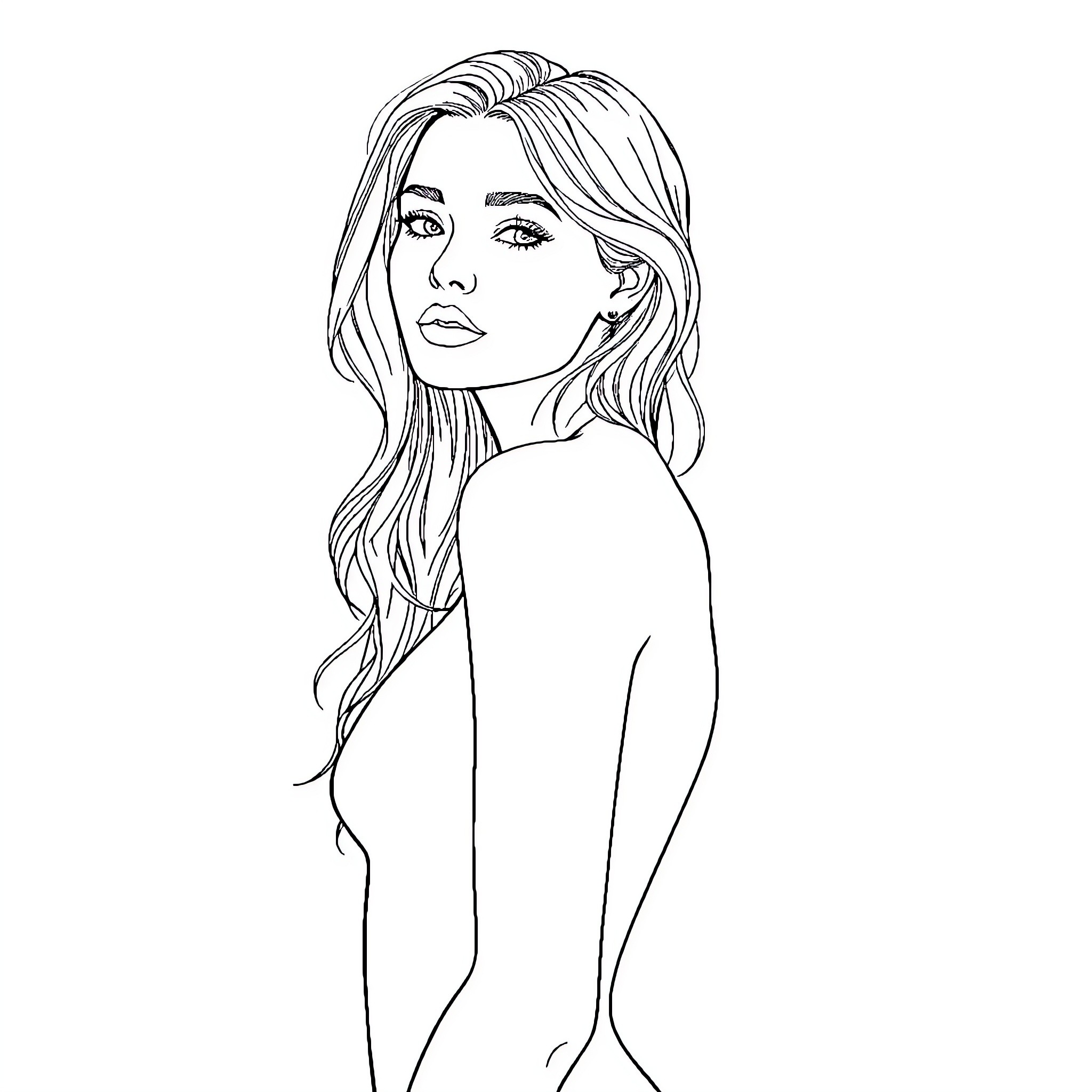 Woman with flowing hair and pensive expression Coloring Page (free black-and-white line drawing printable PDF for all, from beginners to advanced learners, including children, teens, adults, and seniors)