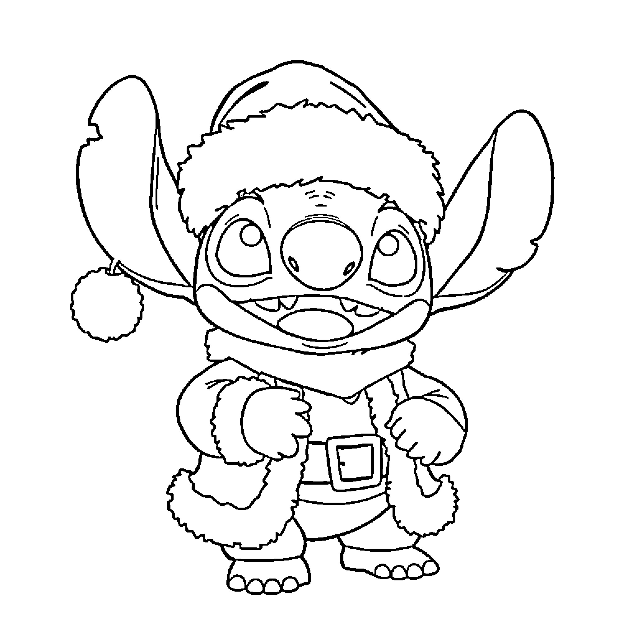 Stitch dressed as Santa in a playful pose Coloring Page (free black-and-white line drawing printable PDF for all, from beginners to advanced learners, including children, teens, adults, and seniors)