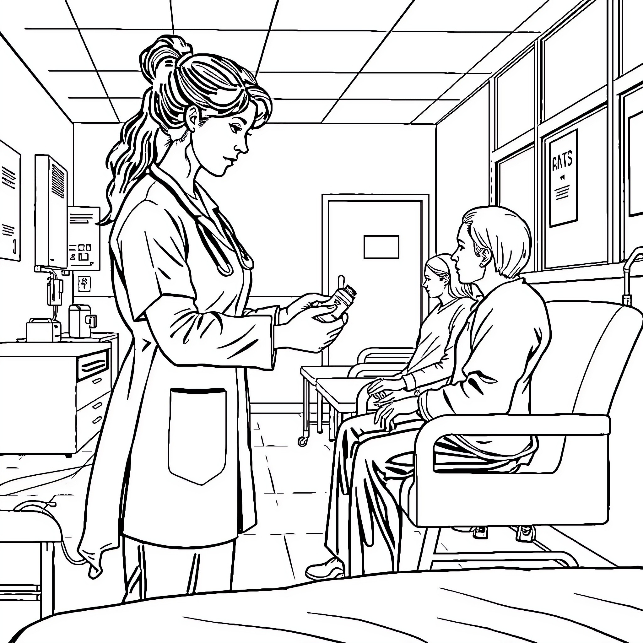 Nurse attending to patient in medical examination room Coloring Page (free black-and-white line drawing printable PDF for all, from beginners to advanced learners, including children, teens, adults, and seniors)