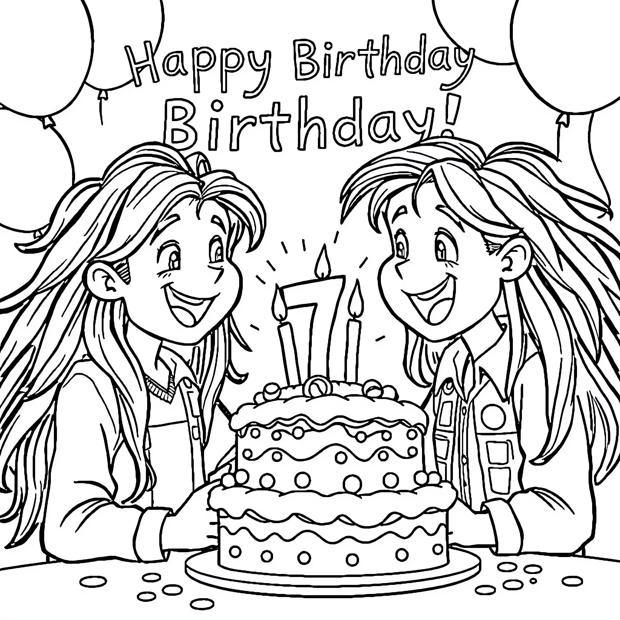 Boy celebrating birthday with friends Coloring Page (free black-and-white line drawing printable PDF for all, from beginners to advanced learners, including children, teens, adults, and seniors)