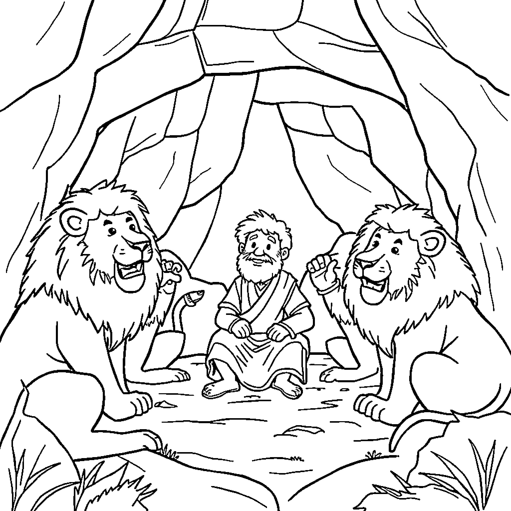 Daniel Relaxing with Lions in Jungle Scene Coloring Page (free black-and-white line drawing printable PDF for all, from beginners to advanced learners, including children, teens, adults, and seniors)