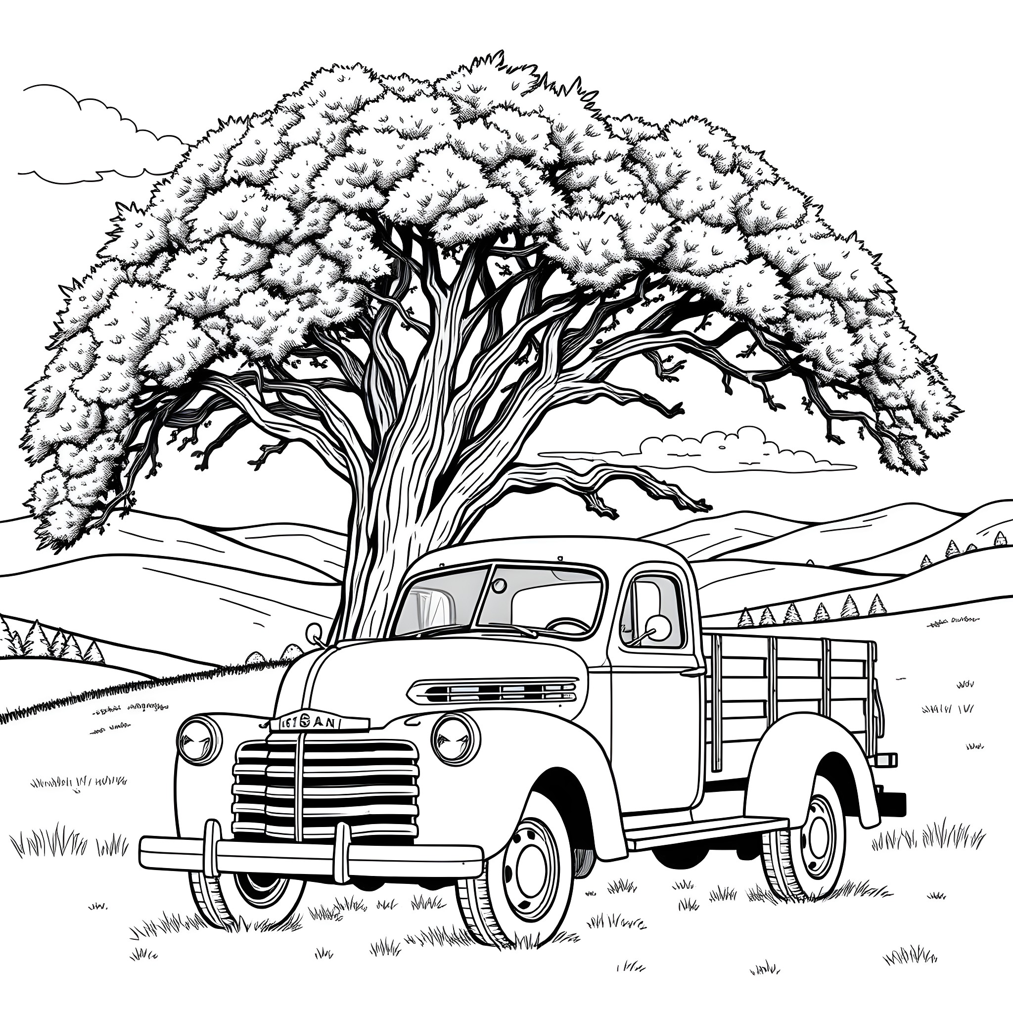 Truck parked under a snowy tree in the countryside Coloring Page (free black-and-white line drawing printable PDF for all, from beginners to advanced learners, including children, teens, adults, and seniors)