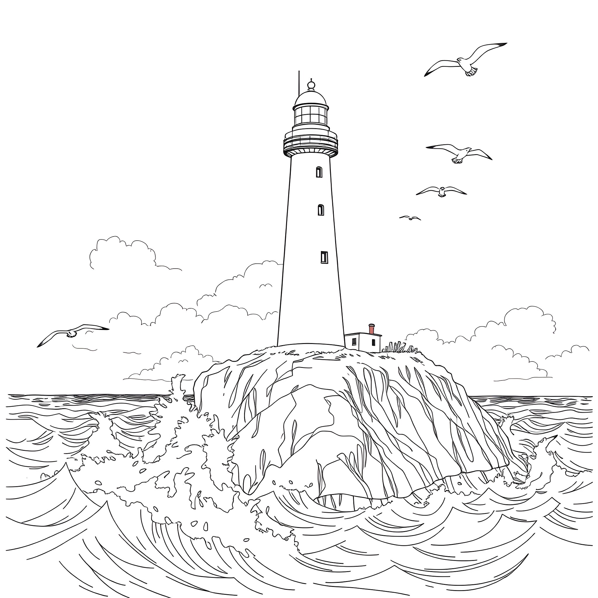 Lighthouse standing tall against stormy waves Coloring Page (free black-and-white line drawing printable PDF for all, from beginners to advanced learners, including children, teens, adults, and seniors)