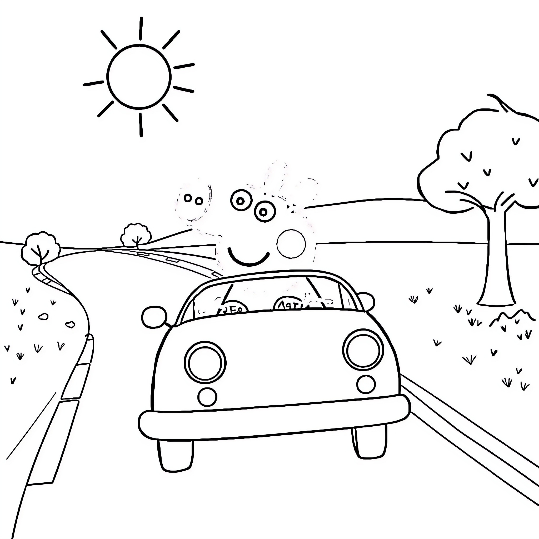 Peppa Pig's Joyful Road Trip Adventure Coloring Page (free black-and-white line drawing printable PDF for all, from beginners to advanced learners, including children, teens, adults, and seniors)