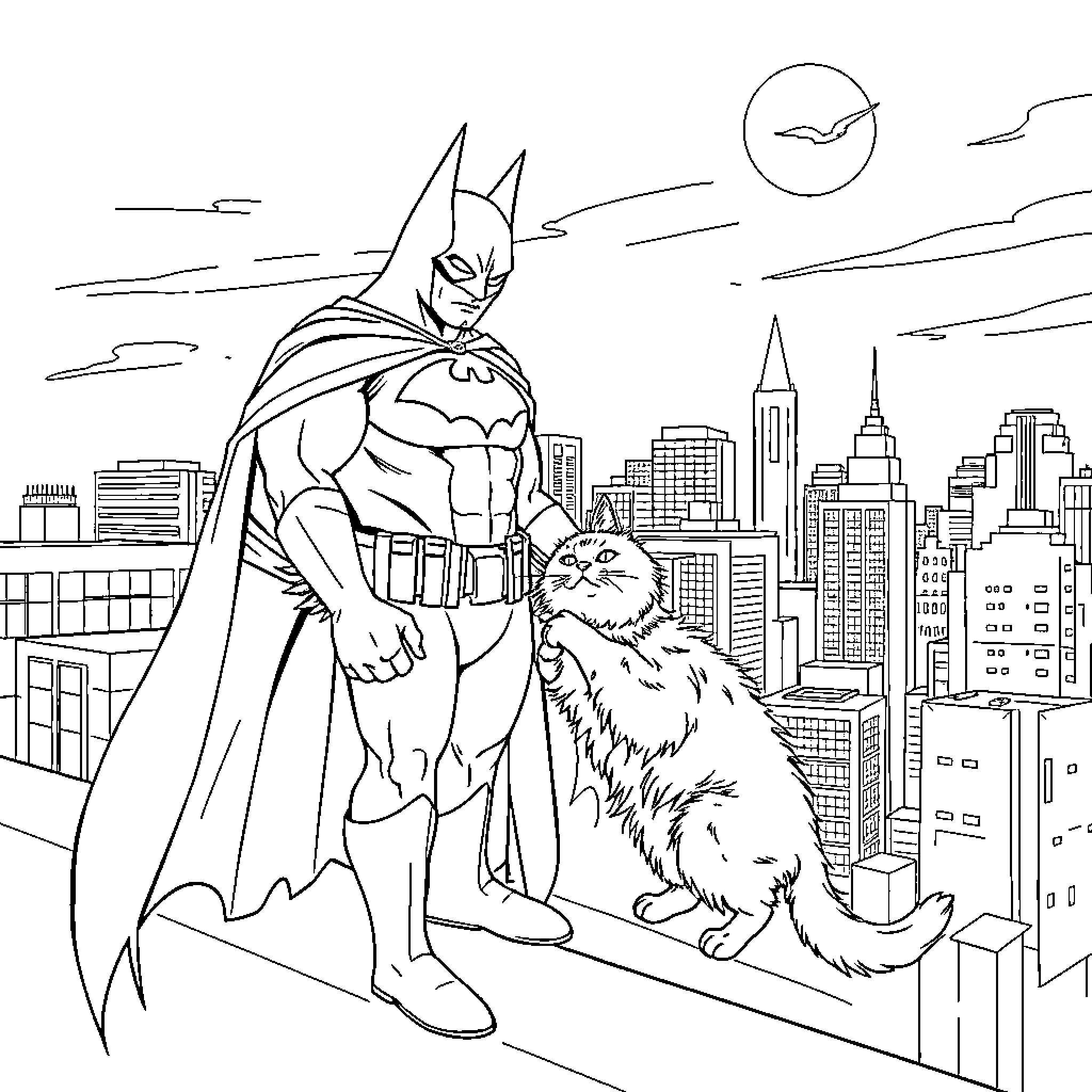Batman overlooking the city with his pet Coloring Page (free black-and-white line drawing printable PDF for all, from beginners to advanced learners, including children, teens, adults, and seniors)