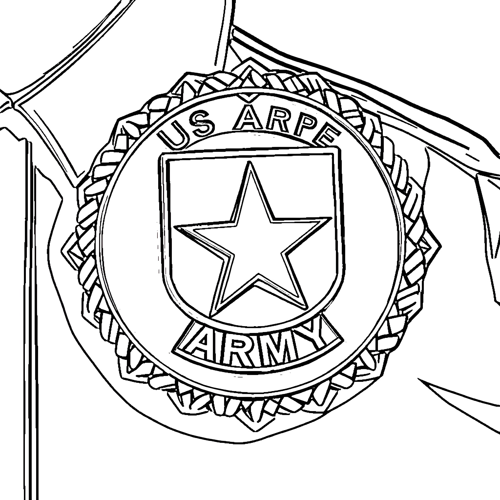 Army Badge with Iconic Star Symbol Coloring Page (free black-and-white line drawing printable PDF for all, from beginners to advanced learners, including children, teens, adults, and seniors)