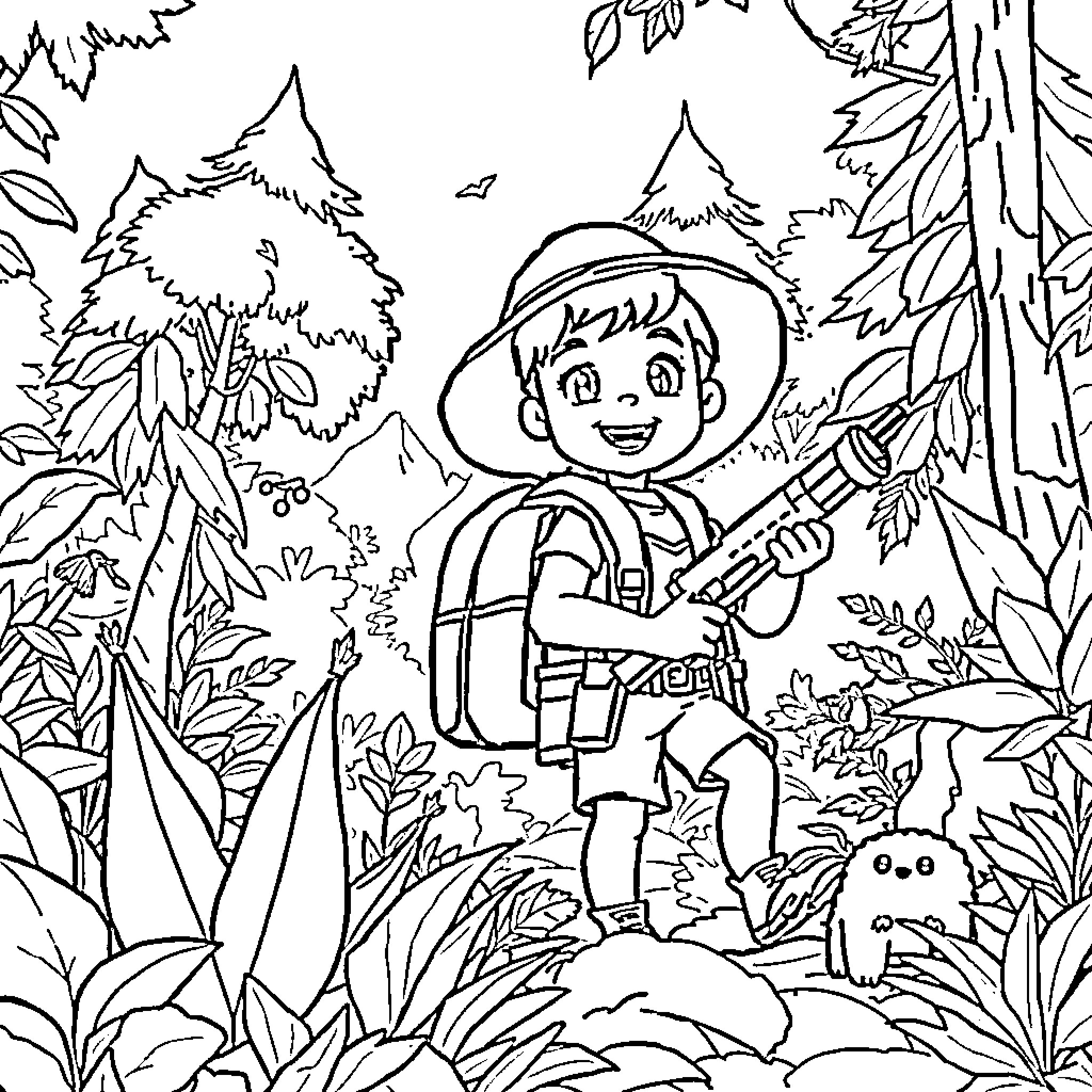 Leo's Adventurous Hike through the Lush Forest Coloring Page (free black-and-white line drawing printable PDF for all, from beginners to advanced learners, including children, teens, adults, and seniors)