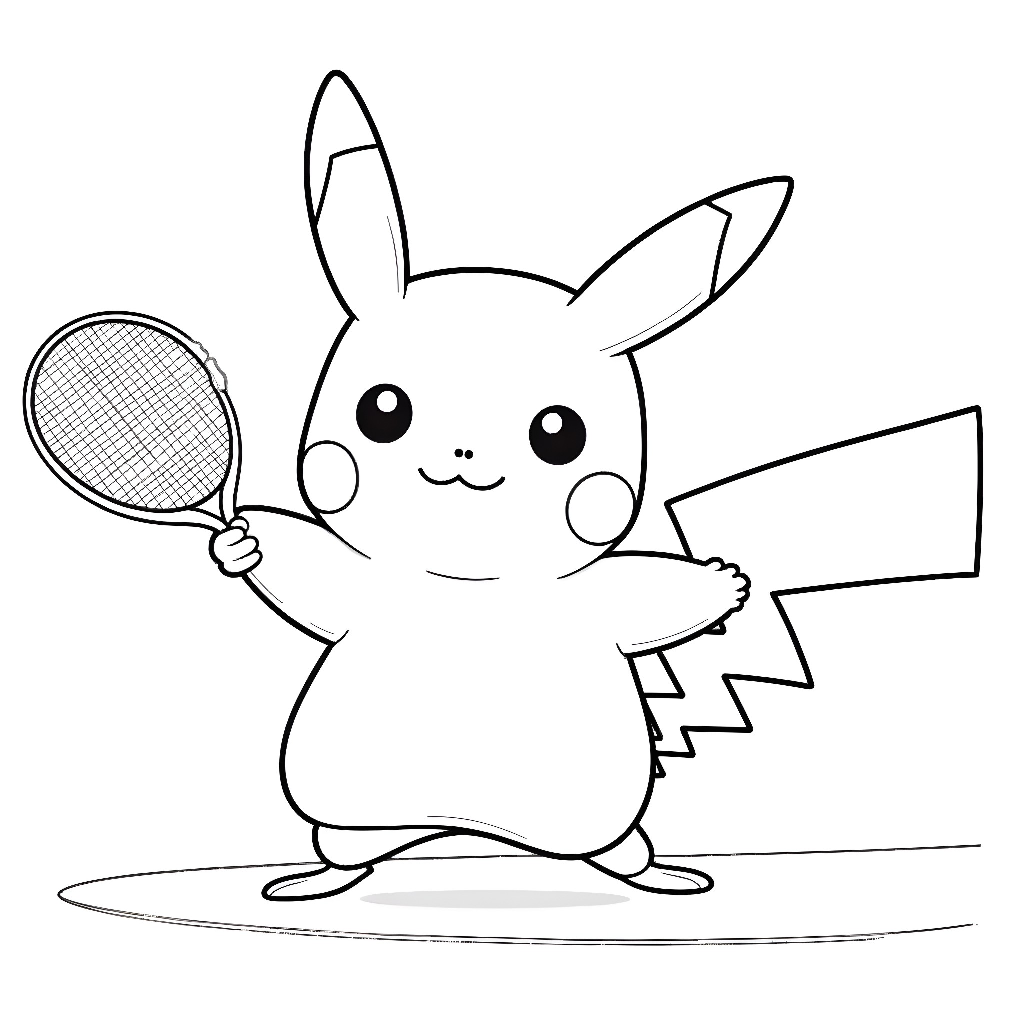 Pikachu playing with a tennis racket Coloring Page (free black-and-white line drawing printable PDF for all, from beginners to advanced learners, including children, teens, adults, and seniors)