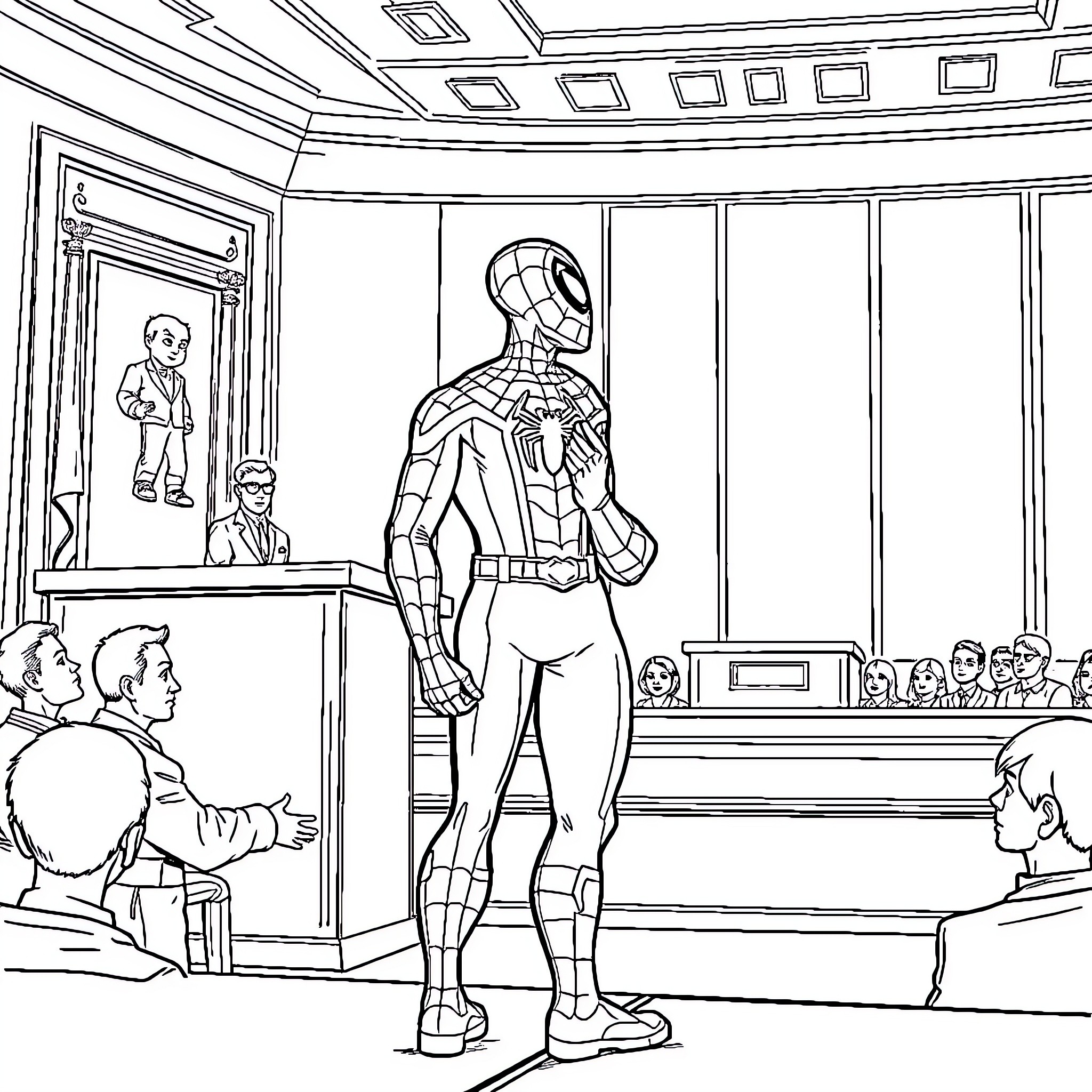 Spiderman testifying in court Coloring Page (free black-and-white line drawing printable PDF for all, from beginners to advanced learners, including children, teens, adults, and seniors)