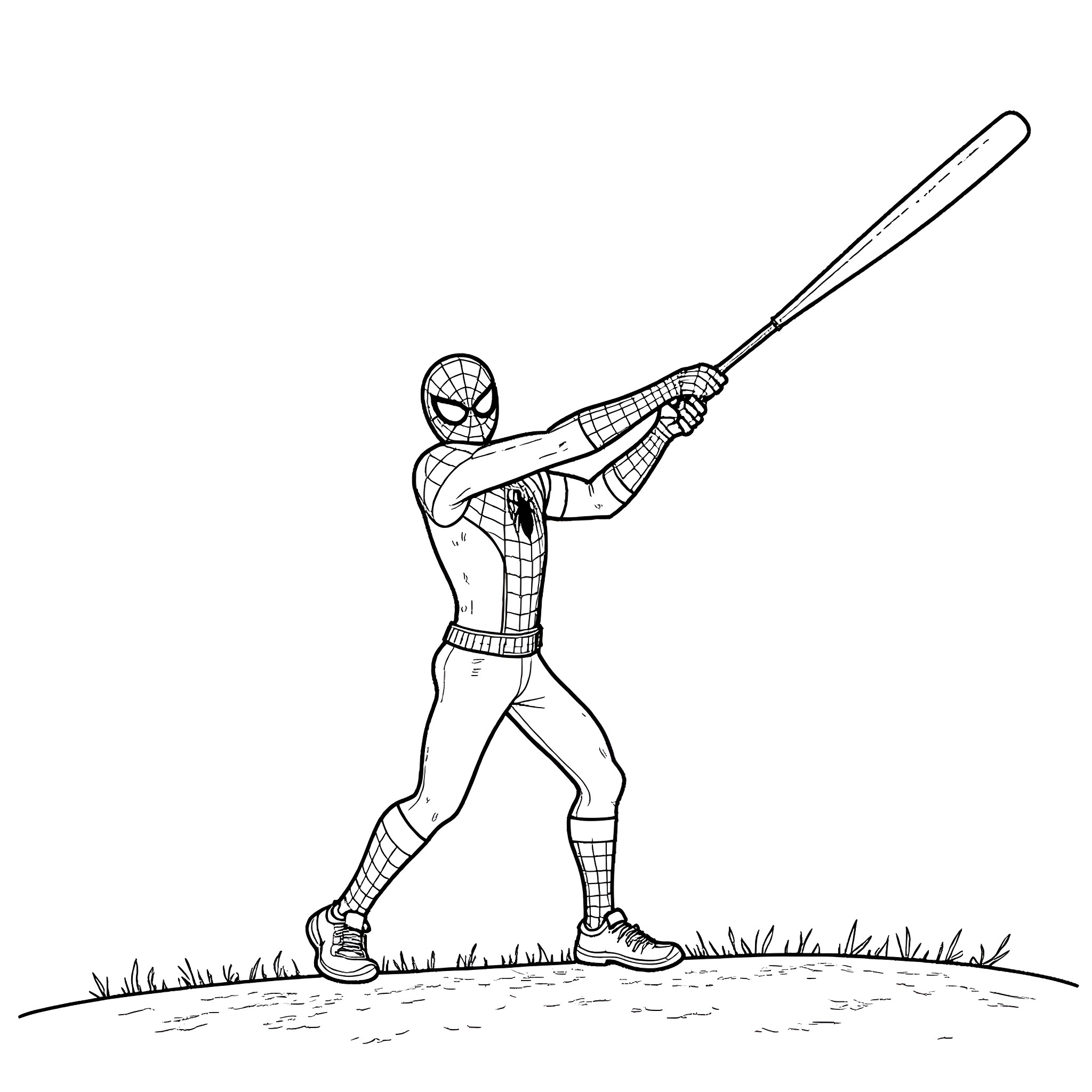 Spiderman batting with baseball bat on field Coloring Page (free black-and-white line drawing printable PDF for all, from beginners to advanced learners, including children, teens, adults, and seniors)