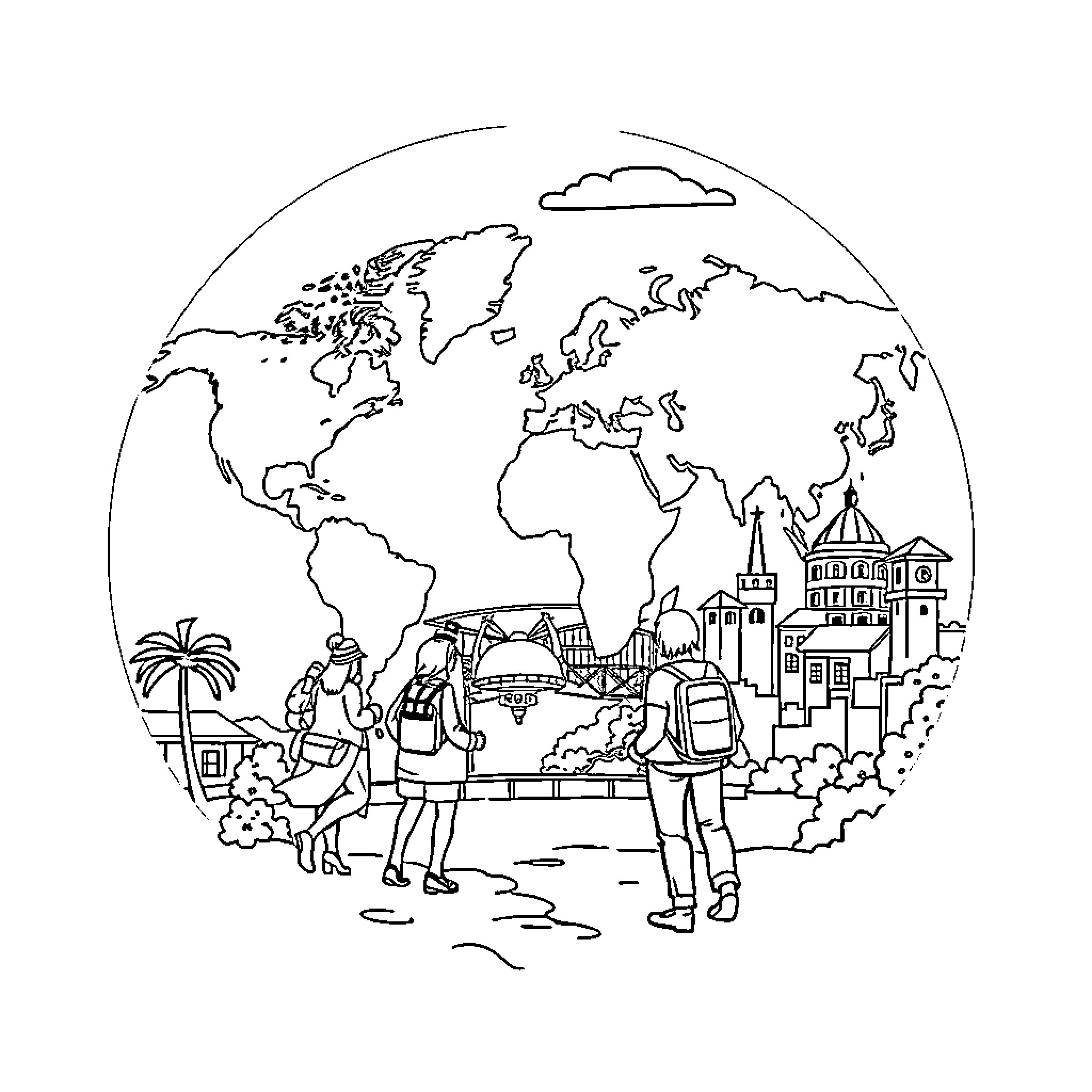 Blue Globe Travelers Exploring the World Coloring Page (free black-and-white line drawing printable PDF for all, from beginners to advanced learners, including children, teens, adults, and seniors)