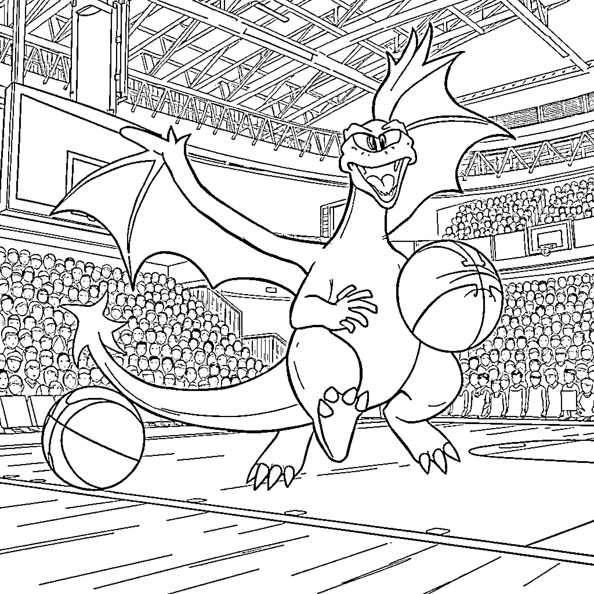Charizard celebrating in a crowded stadium Coloring Page (free black-and-white line drawing printable PDF for all, from beginners to advanced learners, including children, teens, adults, and seniors)