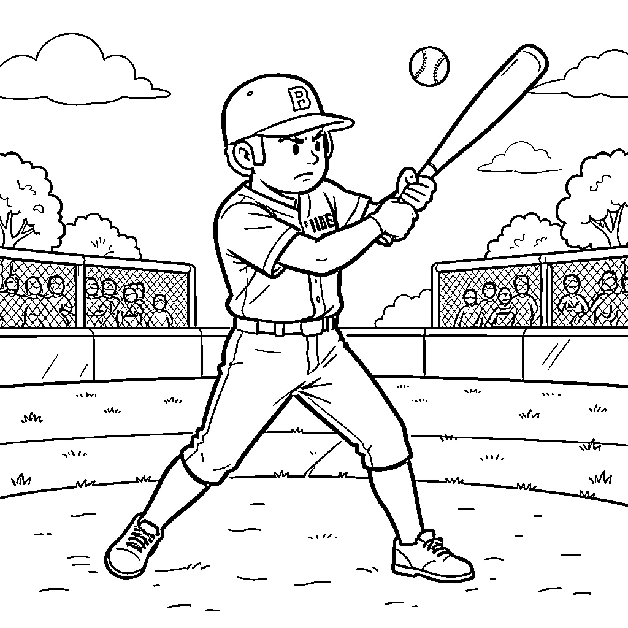 Baseball player swinging a bat at a ball Coloring Page (free black-and-white line drawing printable PDF for all, from beginners to advanced learners, including children, teens, adults, and seniors)