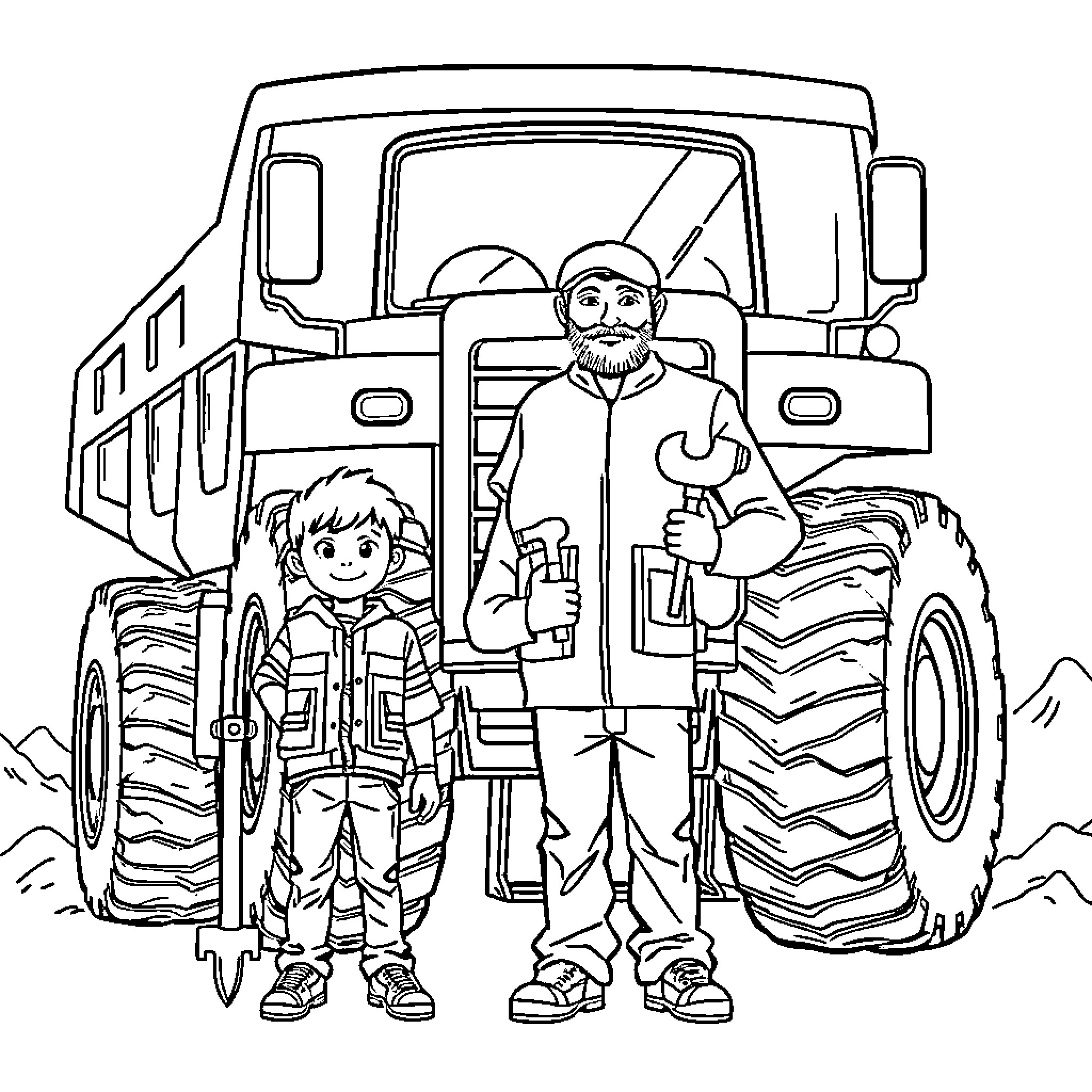 Boy and man with construction vehicle Coloring Page (free black-and-white line drawing printable PDF for all, from beginners to advanced learners, including children, teens, adults, and seniors)