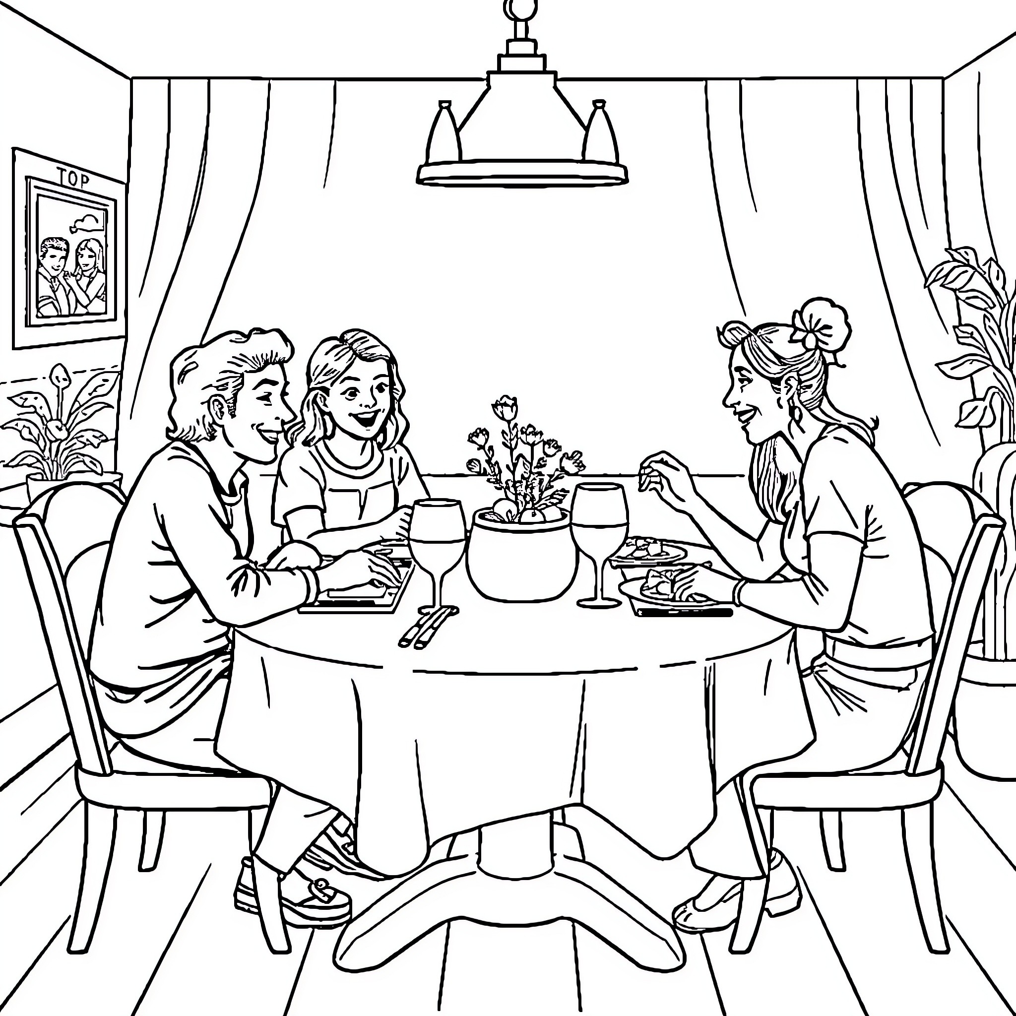 Family Enjoying a Cozy Dinner Together Coloring Page (free black-and-white line drawing printable PDF for all, from beginners to advanced learners, including children, teens, adults, and seniors)