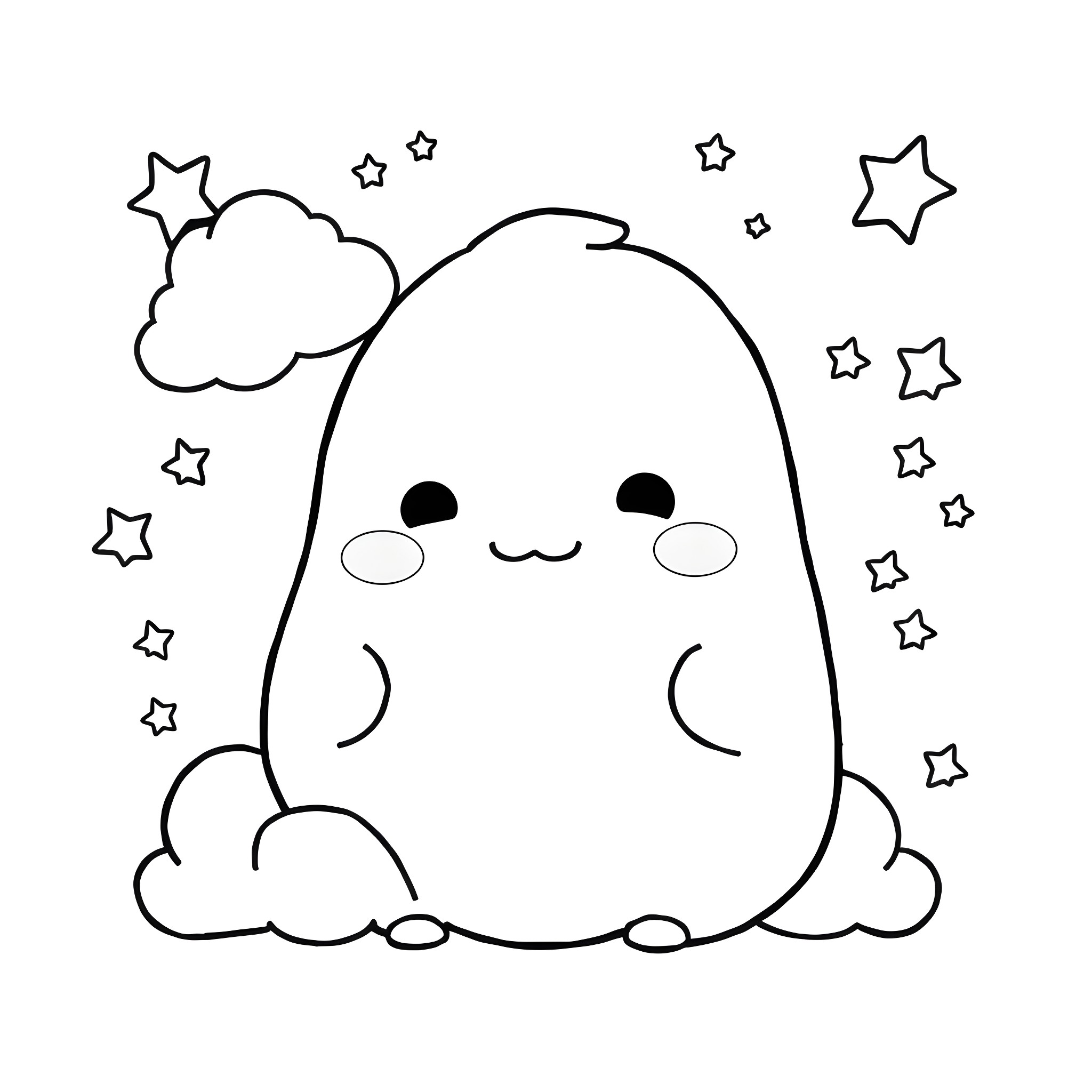 Squishmallow character in a starry night scene Coloring Page (free black-and-white line drawing printable PDF for all, from beginners to advanced learners, including children, teens, adults, and seniors)