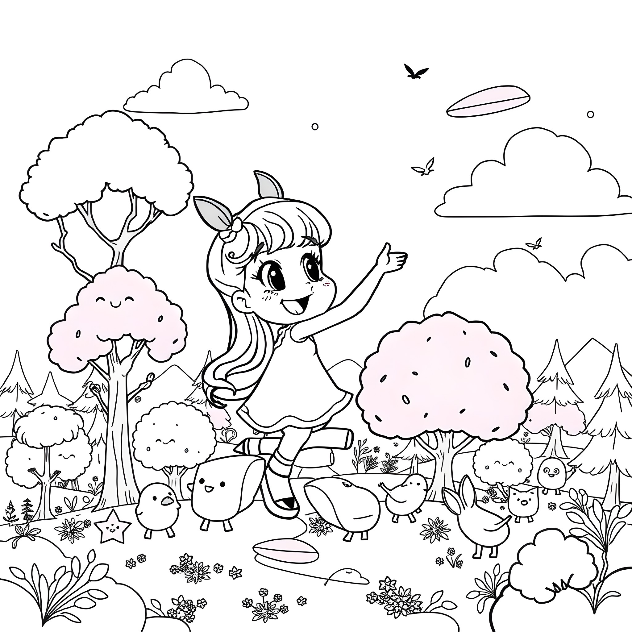 Bluey playing joyfully in the enchanting forest Coloring Page (free black-and-white line drawing printable PDF for all, from beginners to advanced learners, including children, teens, adults, and seniors)