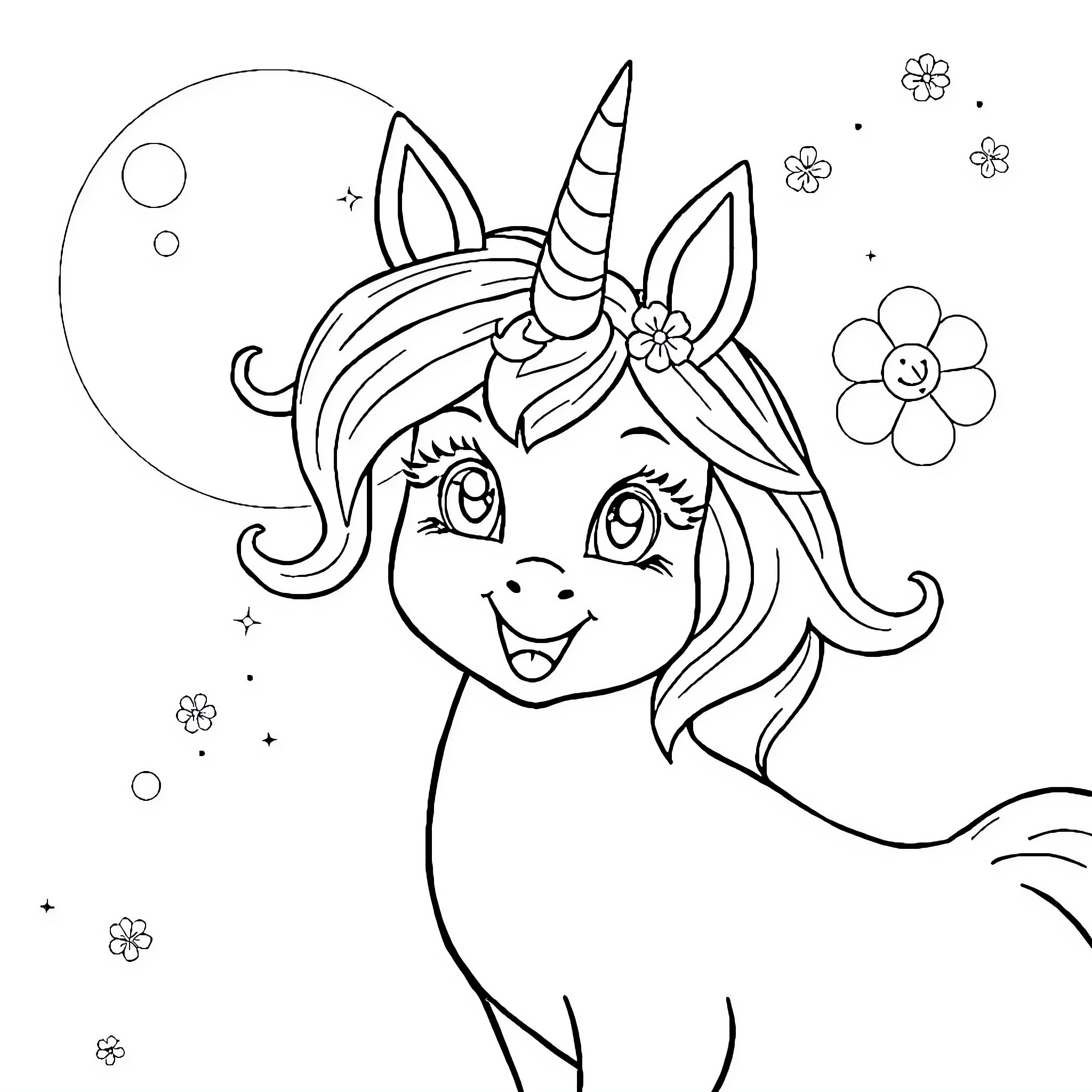 Girl unicorn with flowers and moon Coloring Page (free black-and-white line drawing printable PDF for all, from beginners to advanced learners, including children, teens, adults, and seniors)