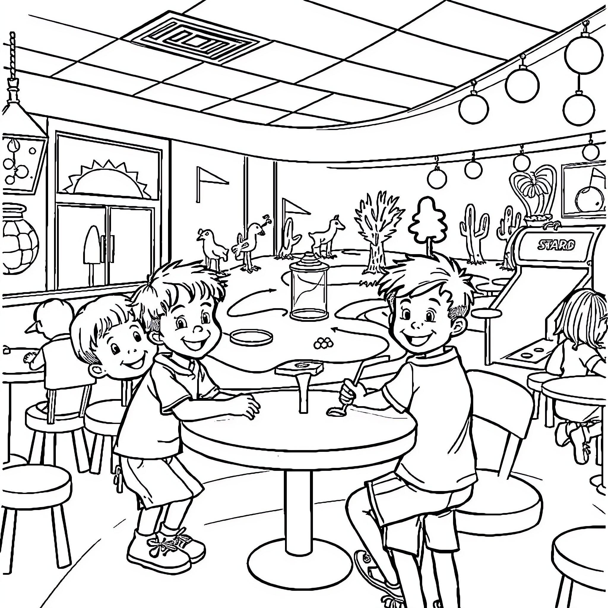 Kid friends enjoying time at a cozy cafe Coloring Page (free black-and-white line drawing printable PDF for all, from beginners to advanced learners, including children, teens, adults, and seniors)