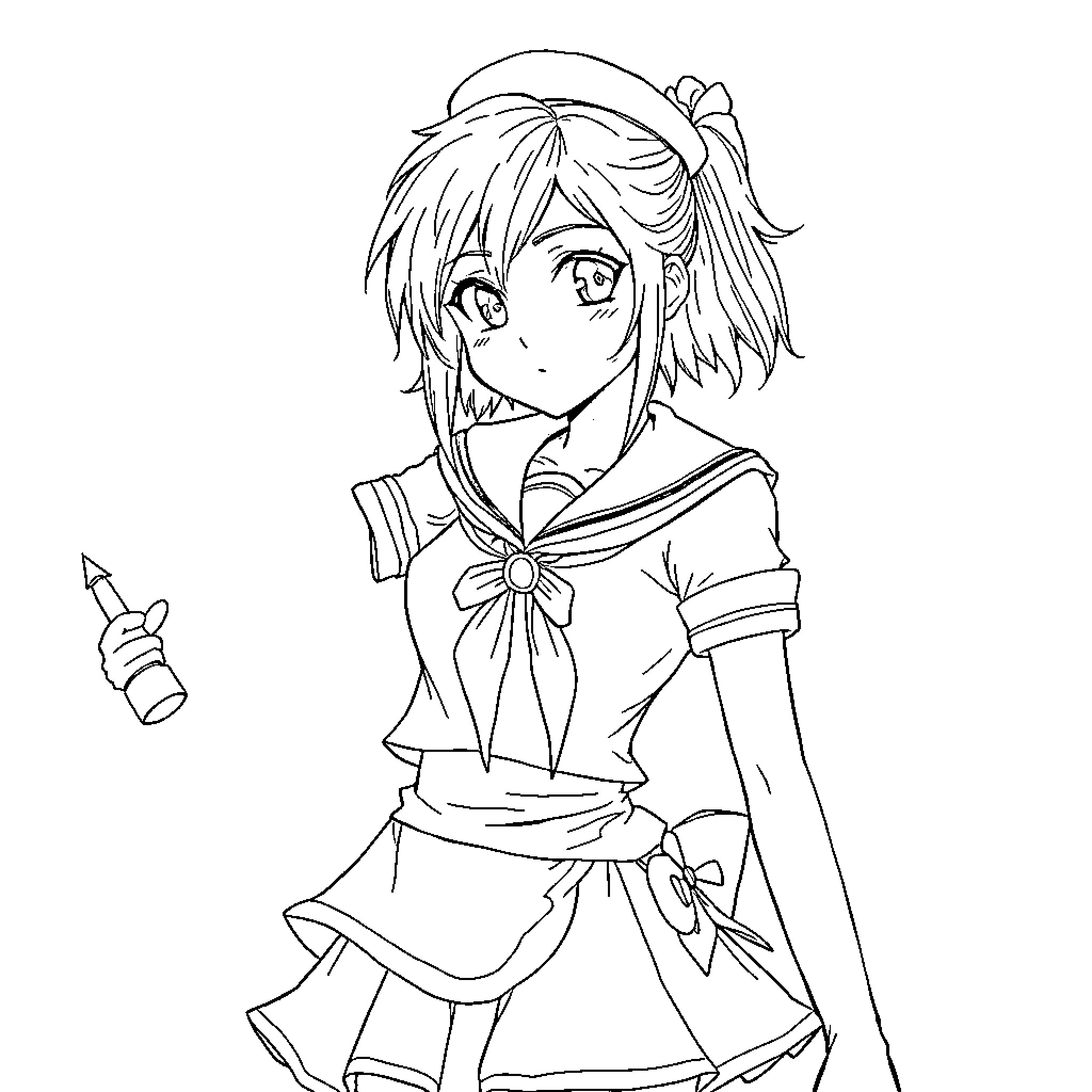 Yuna's Cheerful Anime-Inspired Pose Coloring Page (free black-and-white line drawing printable PDF for all, from beginners to advanced learners, including children, teens, adults, and seniors)