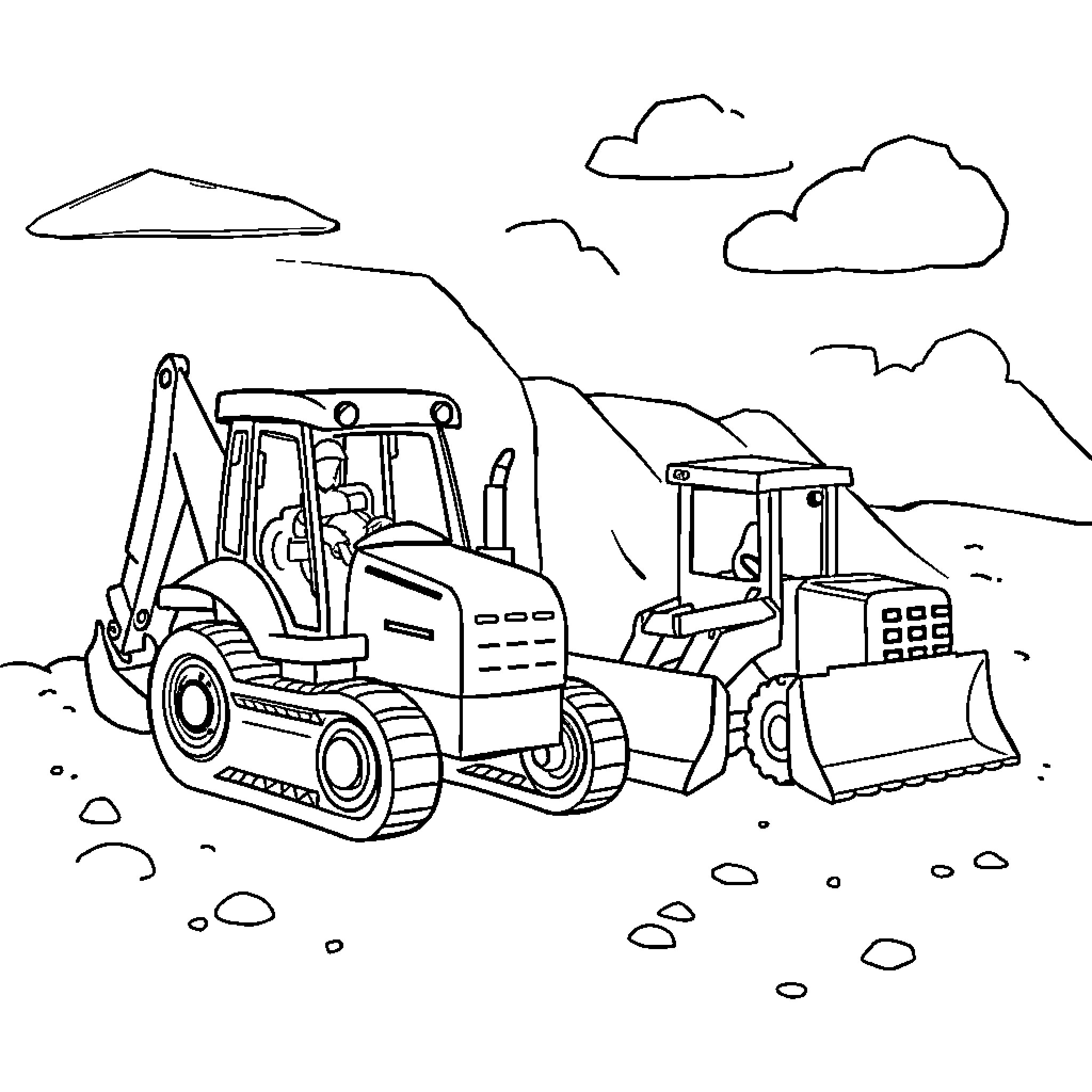 Construction Equipment Operating in the Field Coloring Page (free black-and-white line drawing printable PDF for all, from beginners to advanced learners, including children, teens, adults, and seniors)