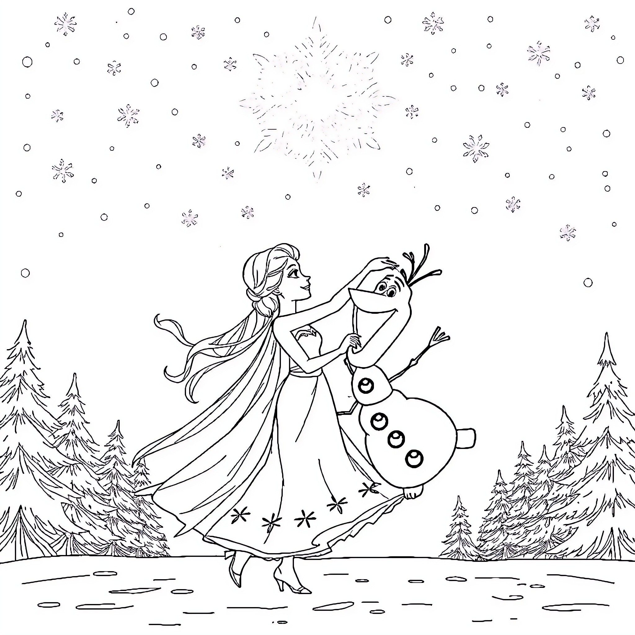 Elsa dancing joyfully with Olaf in the snowy forest Coloring Page (free black-and-white line drawing printable PDF for all, from beginners to advanced learners, including children, teens, adults, and seniors)