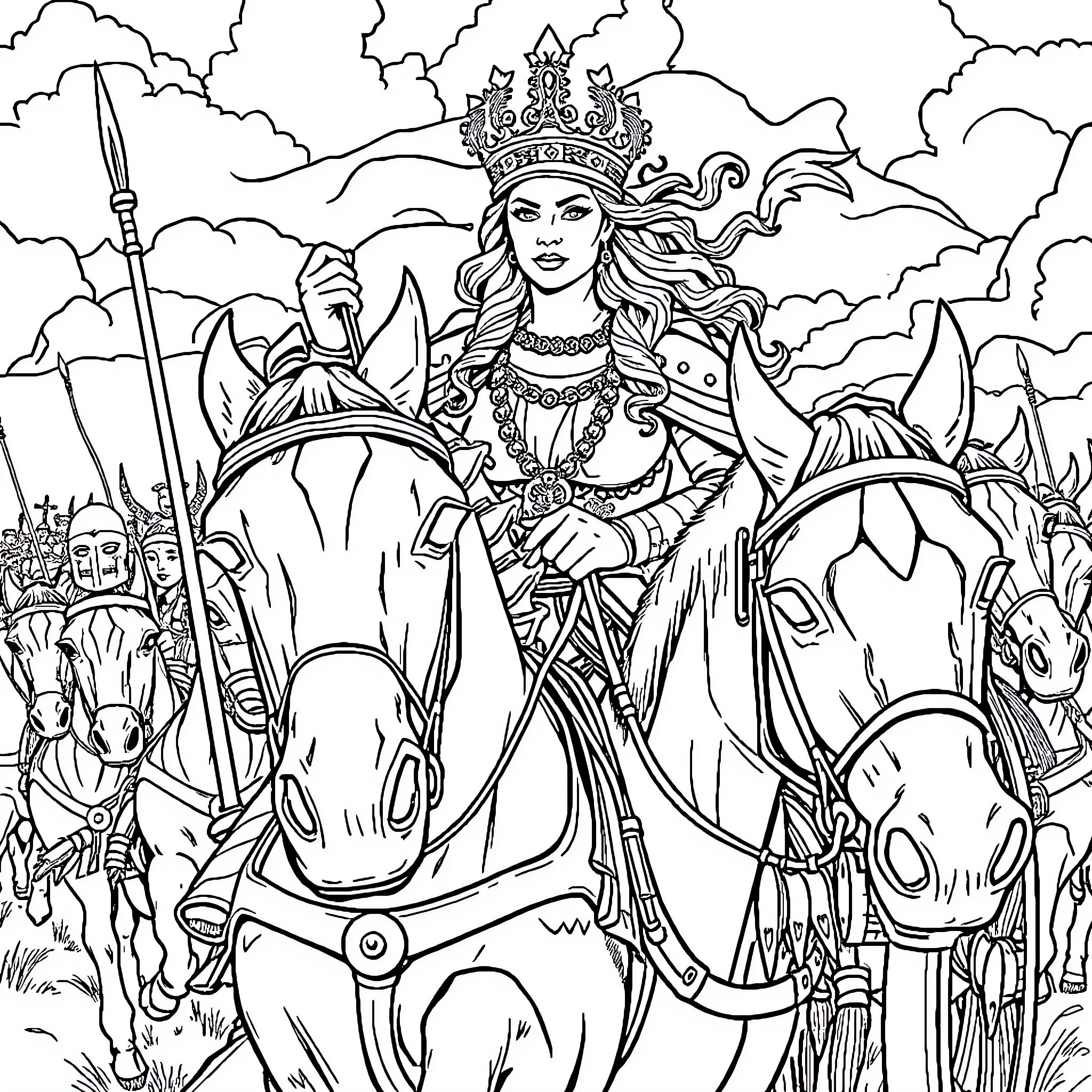 Boudicca, Queen of the Iceni, leading her army into battle Coloring Page (free black-and-white line drawing printable PDF for all, from beginners to advanced learners, including children, teens, adults, and seniors)