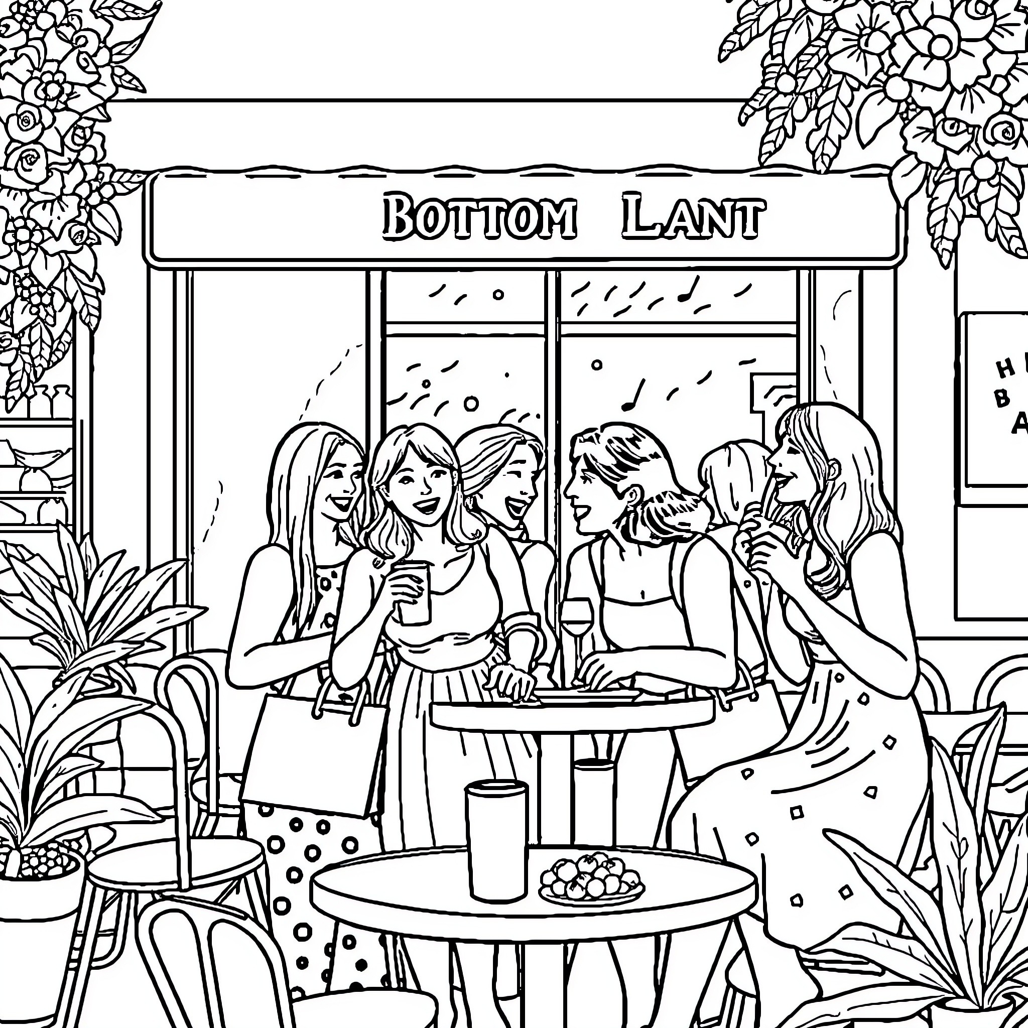 Mum and friends enjoy drinks at outdoor cafe Coloring Page (free black-and-white line drawing printable PDF for all, from beginners to advanced learners, including children, teens, adults, and seniors)