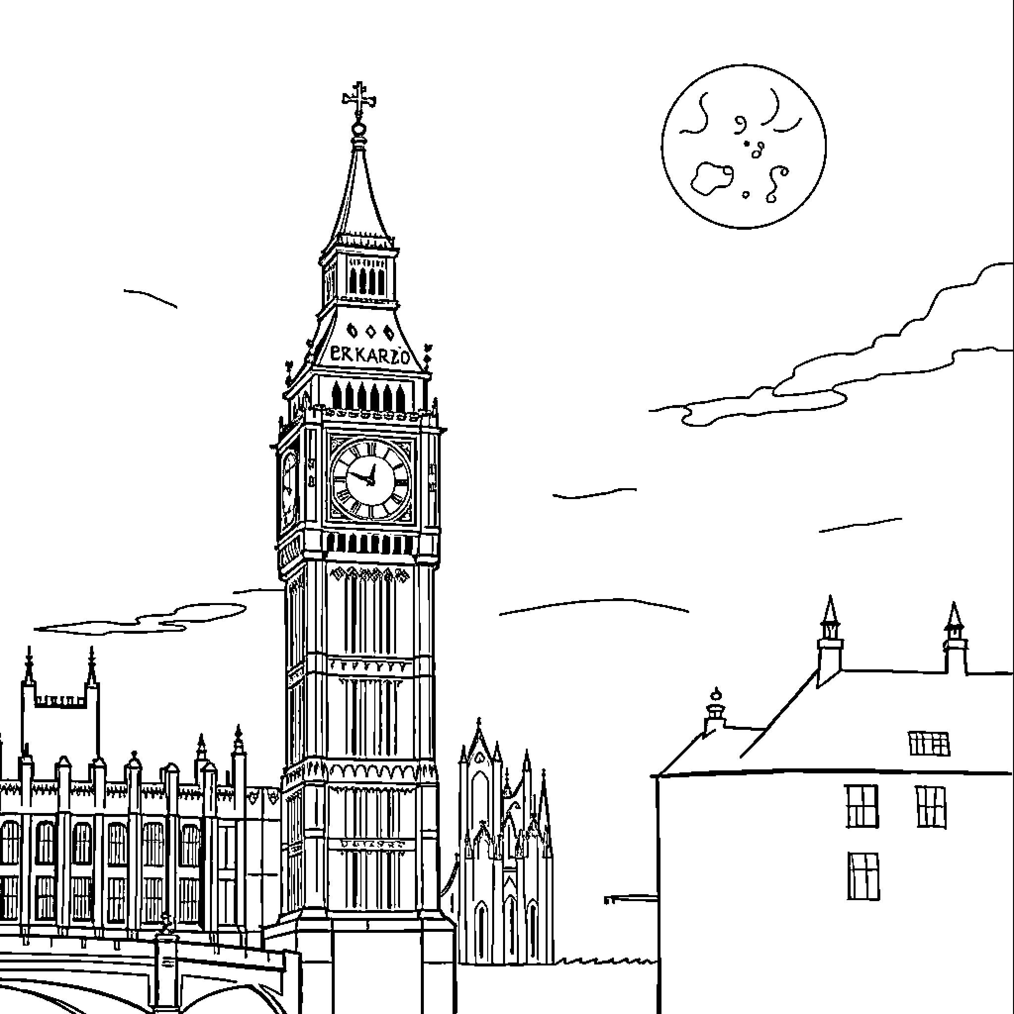Big Ben tower with moon in the night sky Coloring Page (free black-and-white line drawing printable PDF for all, from beginners to advanced learners, including children, teens, adults, and seniors)