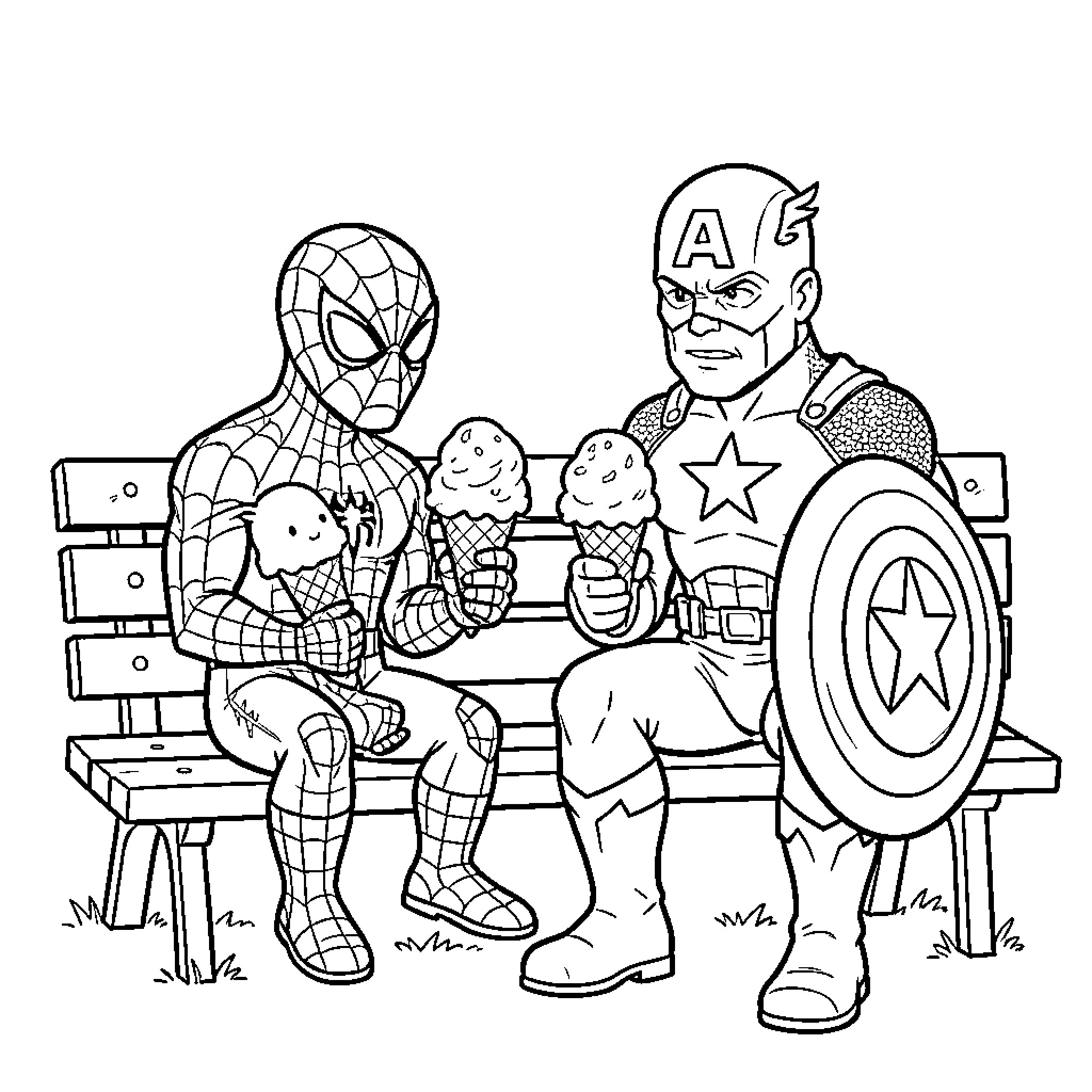 Tchoupi and friend eating ice cream on a bench Coloring Page (free black-and-white line drawing printable PDF for all, from beginners to advanced learners, including children, teens, adults, and seniors)
