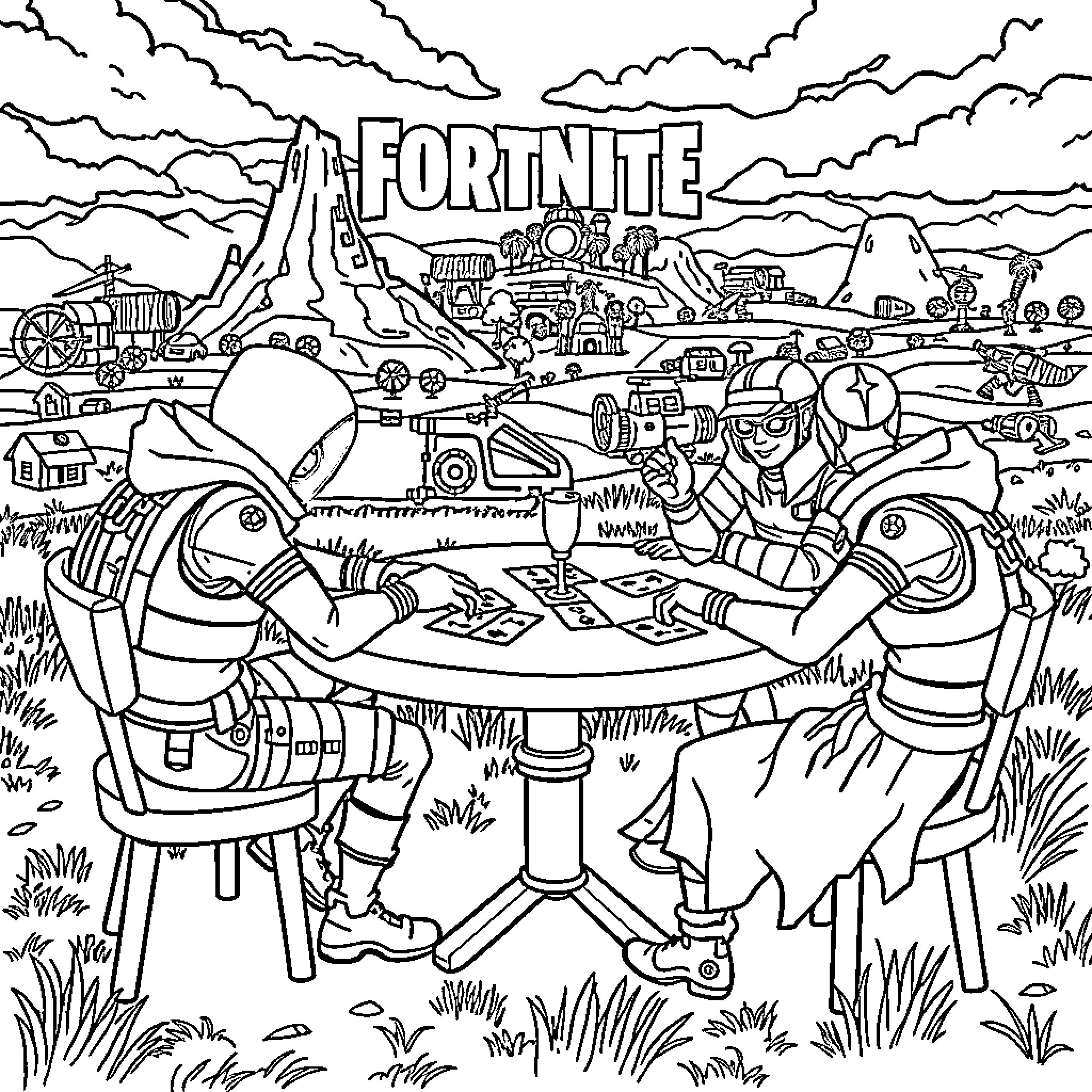 Fortnite Character Relaxing and Strategizing in Scenic Landscape Coloring Page (free black-and-white line drawing printable PDF for all, from beginners to advanced learners, including children, teens, adults, and seniors)