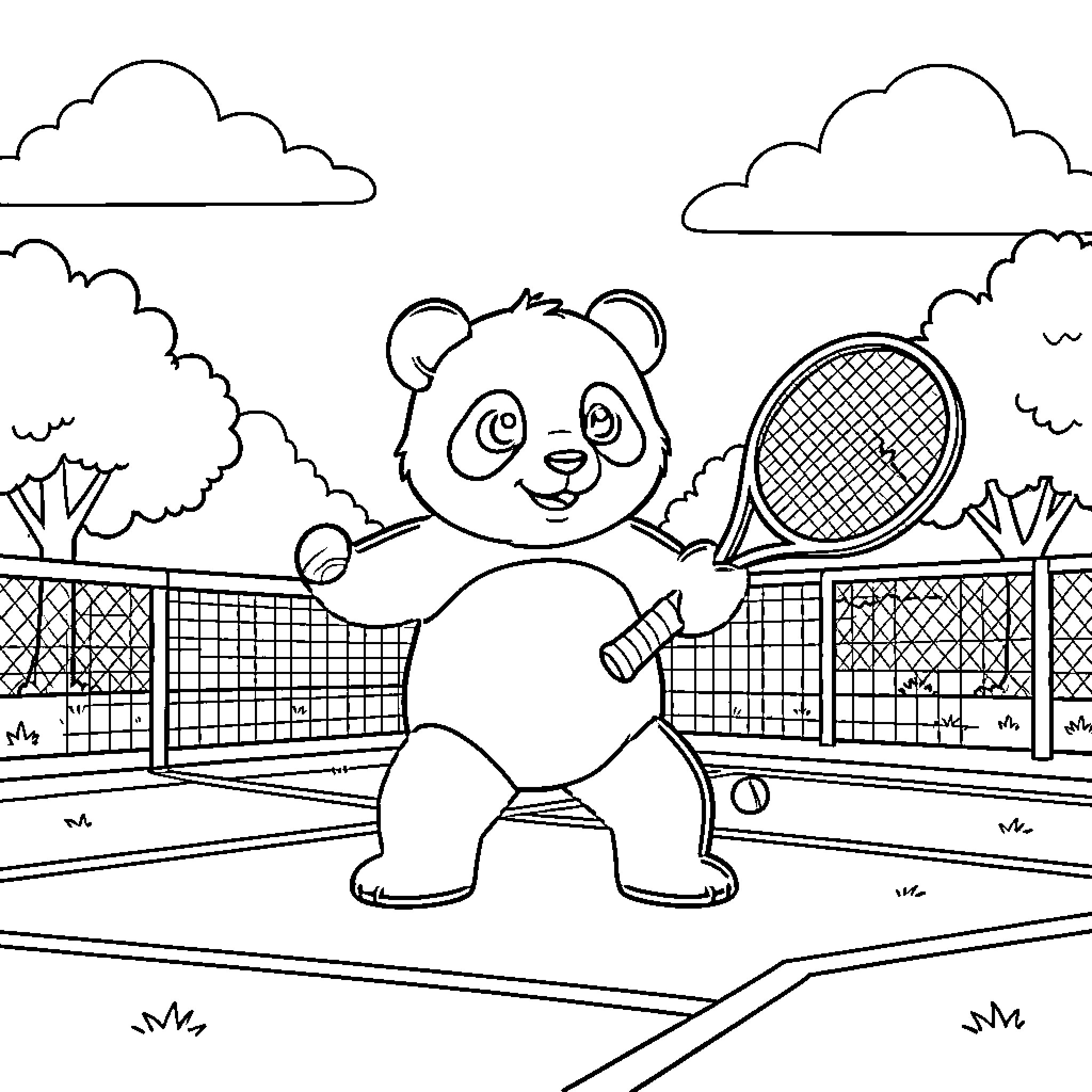 Panda playing tennis on the court Coloring Page (free black-and-white line drawing printable PDF for all, from beginners to advanced learners, including children, teens, adults, and seniors)