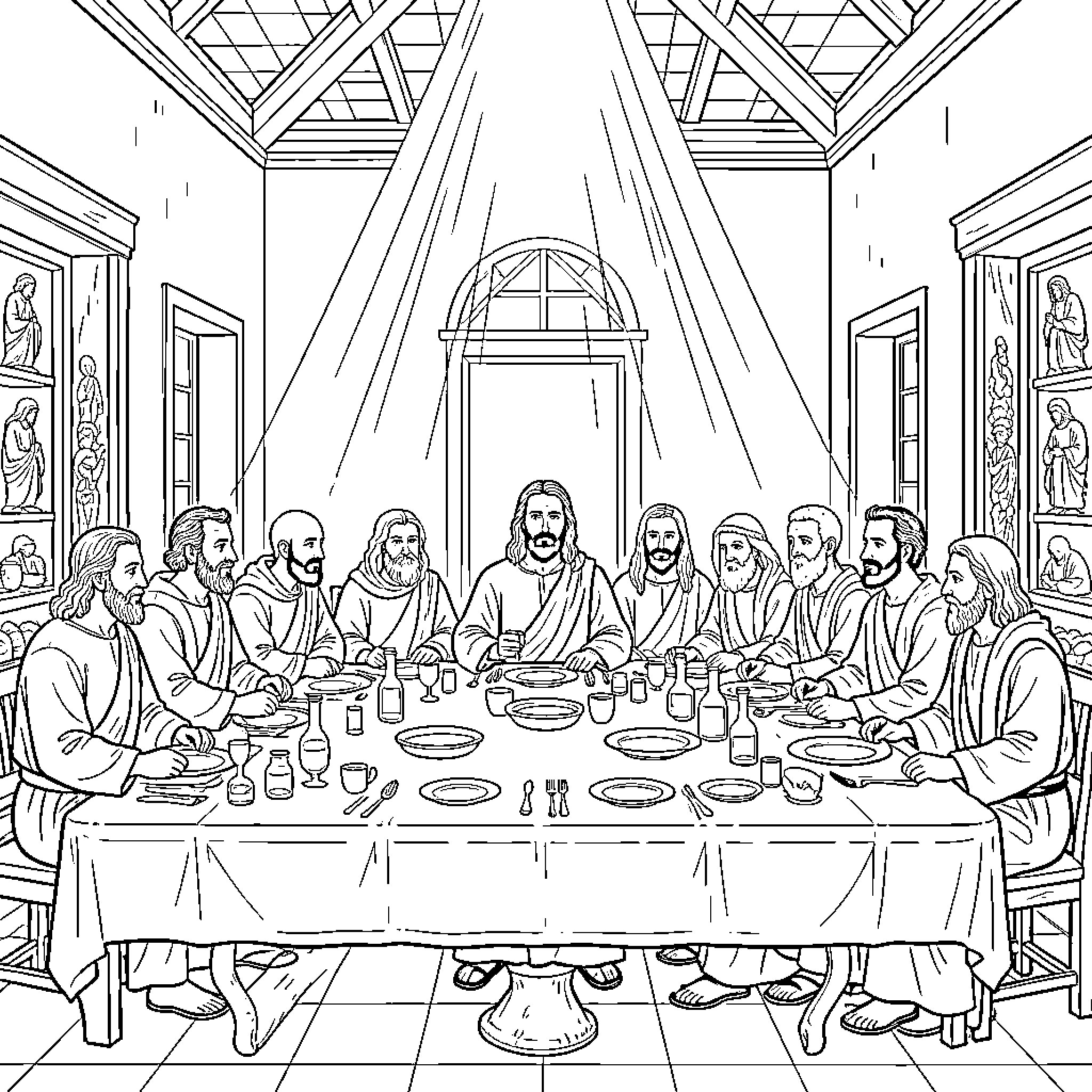 Jesucristo's Last Supper with Disciples Coloring Page (free black-and-white line drawing printable PDF for all, from beginners to advanced learners, including children, teens, adults, and seniors)