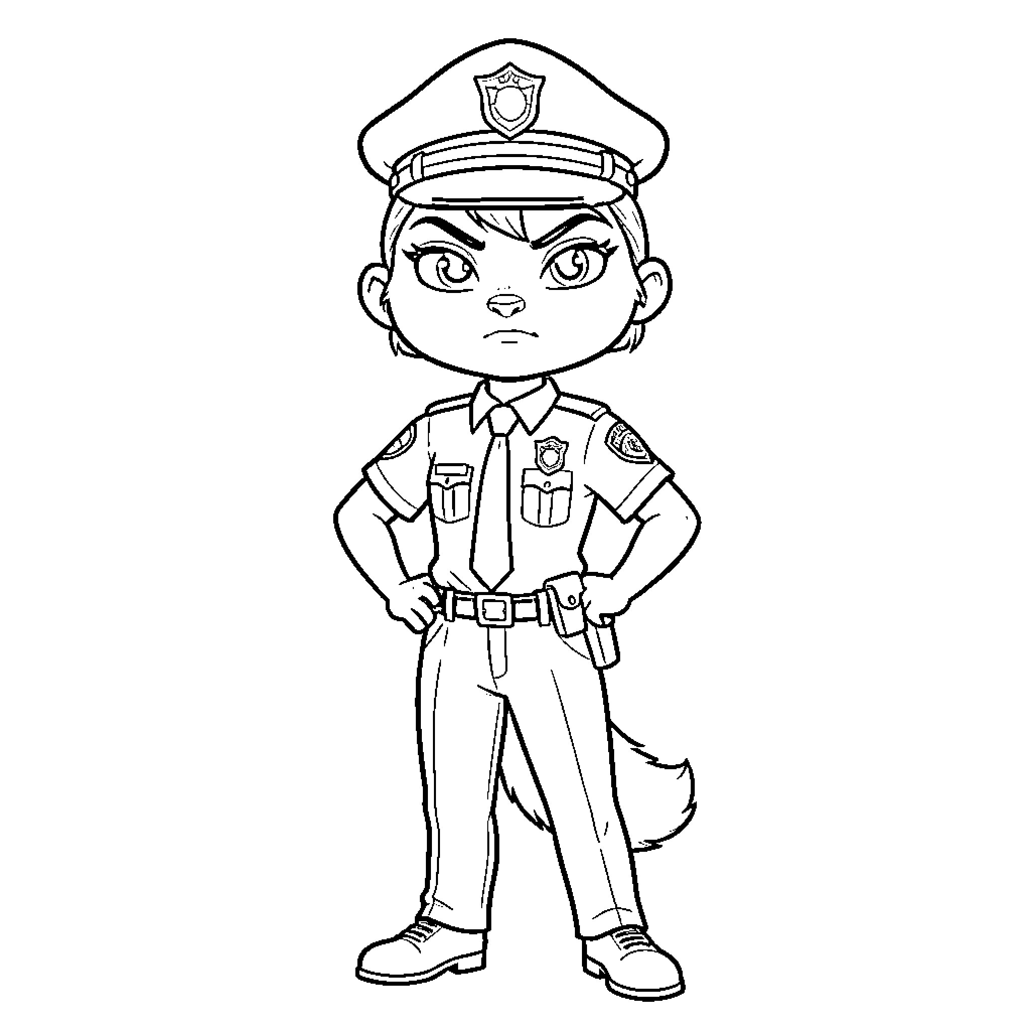 Judy standing confidently in her police officer uniform Coloring Page (free black-and-white line drawing printable PDF for all, from beginners to advanced learners, including children, teens, adults, and seniors)