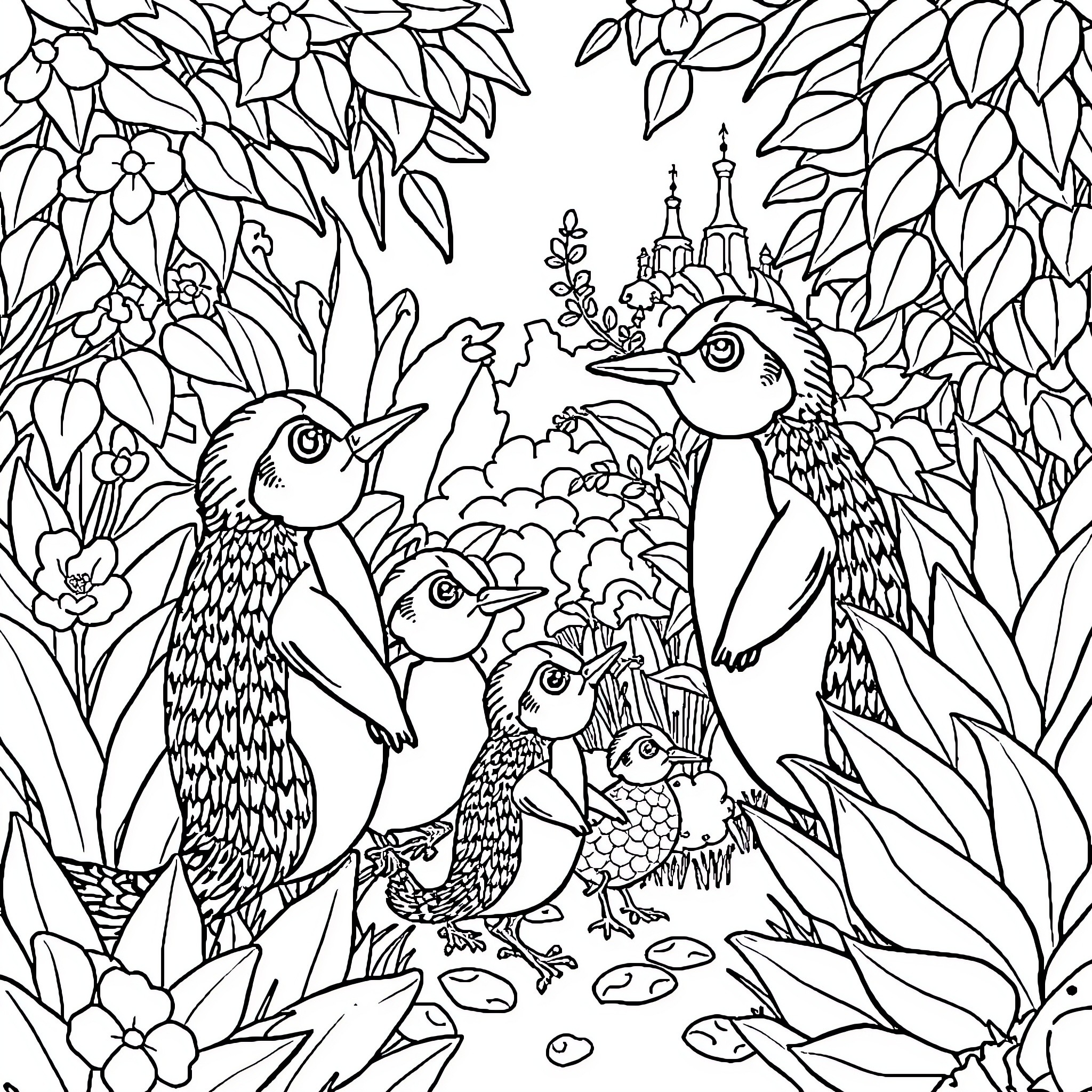Hedgehog family enjoying floral garden scenery Coloring Page (free black-and-white line drawing printable PDF for all, from beginners to advanced learners, including children, teens, adults, and seniors)