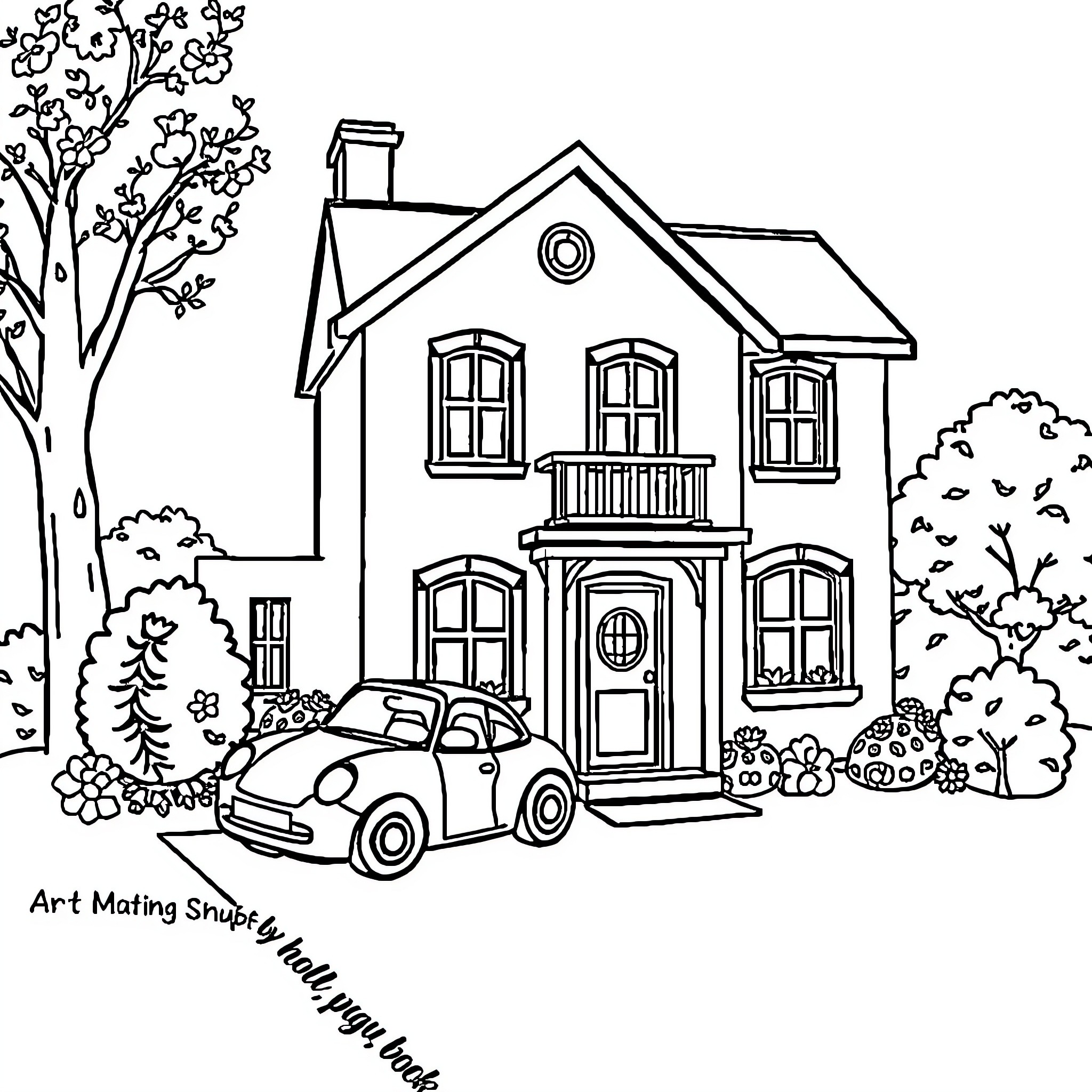 Dollhouse with a vintage car in the yard Coloring Page (free black-and-white line drawing printable PDF for all, from beginners to advanced learners, including children, teens, adults, and seniors)
