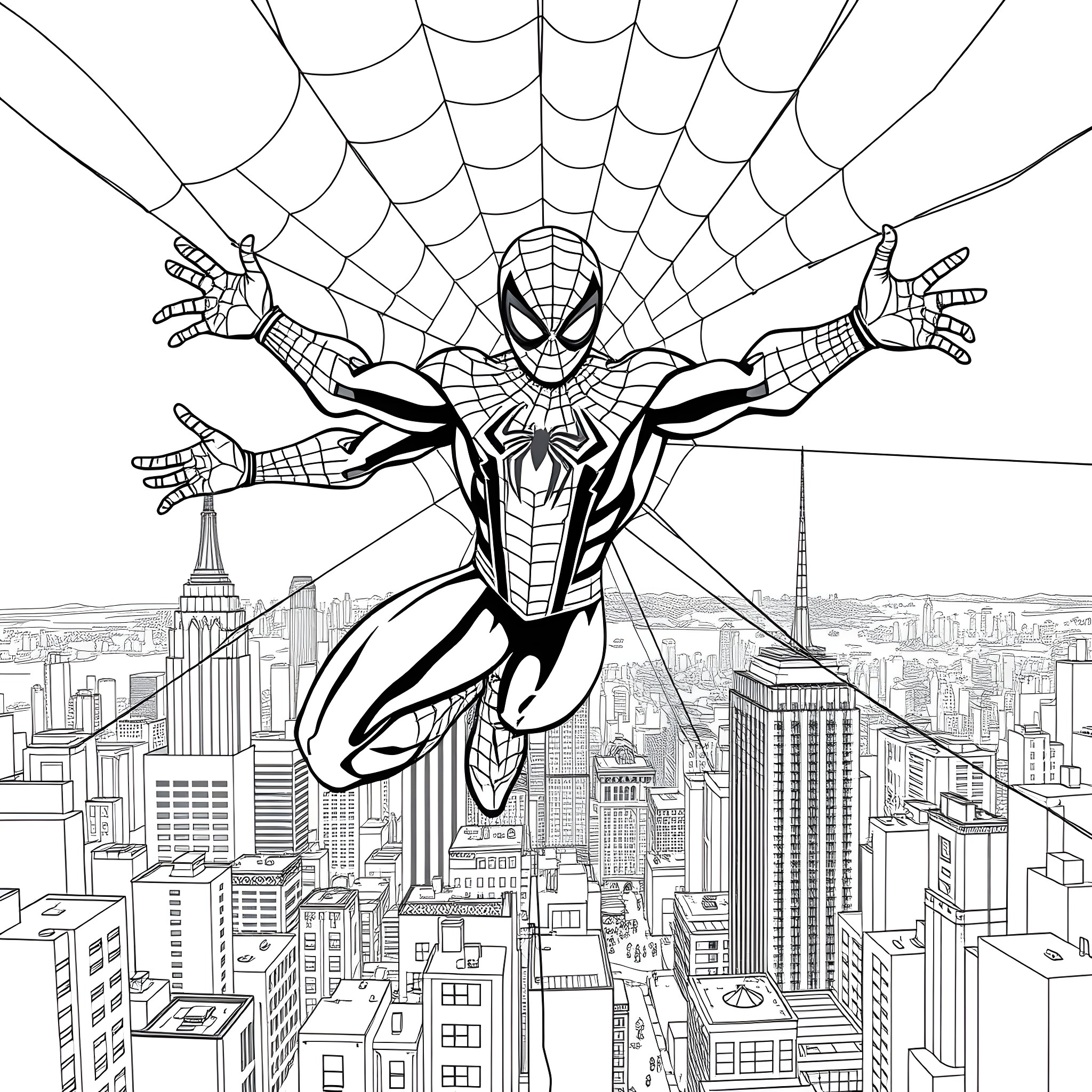 Spider-Man swinging heroically over the cityscape Coloring Page (free black-and-white line drawing printable PDF for all, from beginners to advanced learners, including children, teens, adults, and seniors)