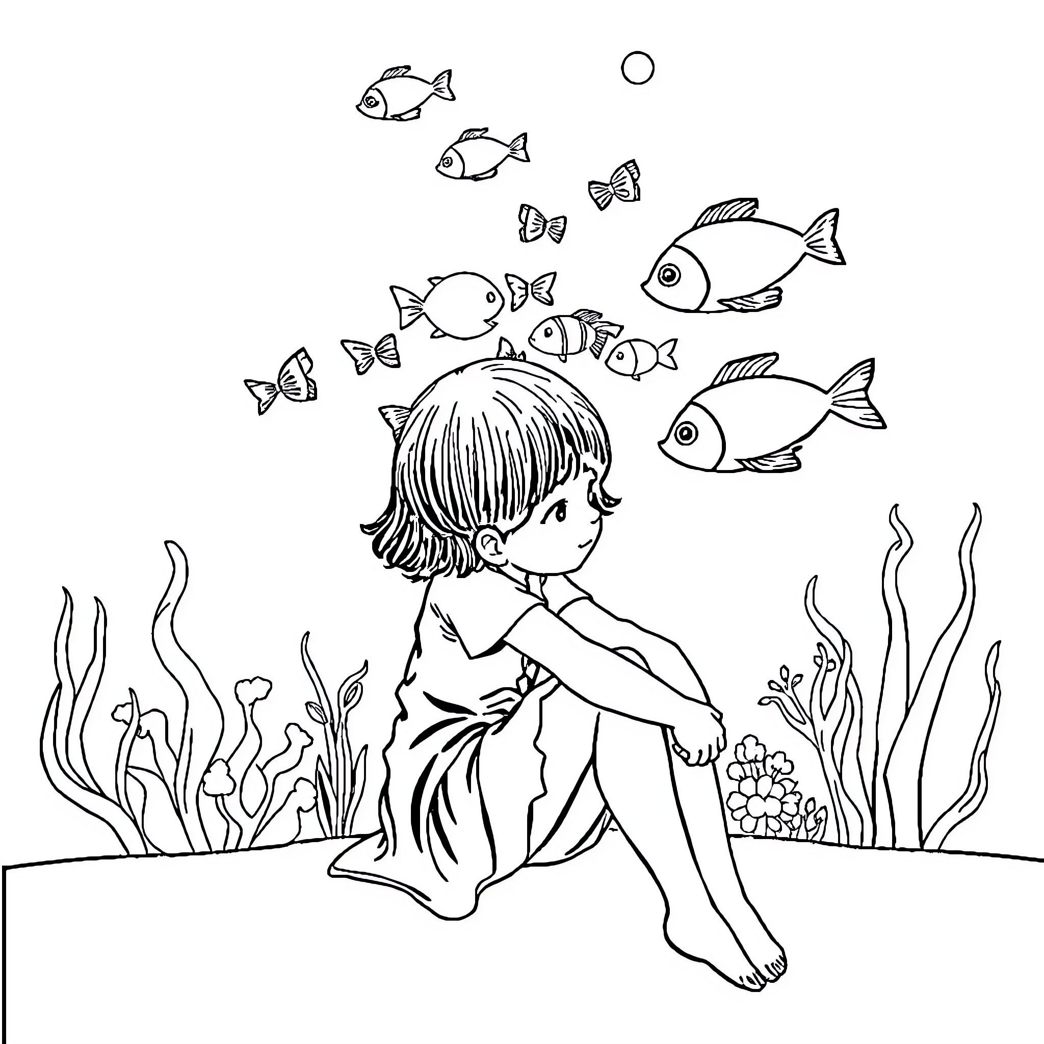 Girl playing with fishes in the underwater scene Coloring Page (free black-and-white line drawing printable PDF for all, from beginners to advanced learners, including children, teens, adults, and seniors)