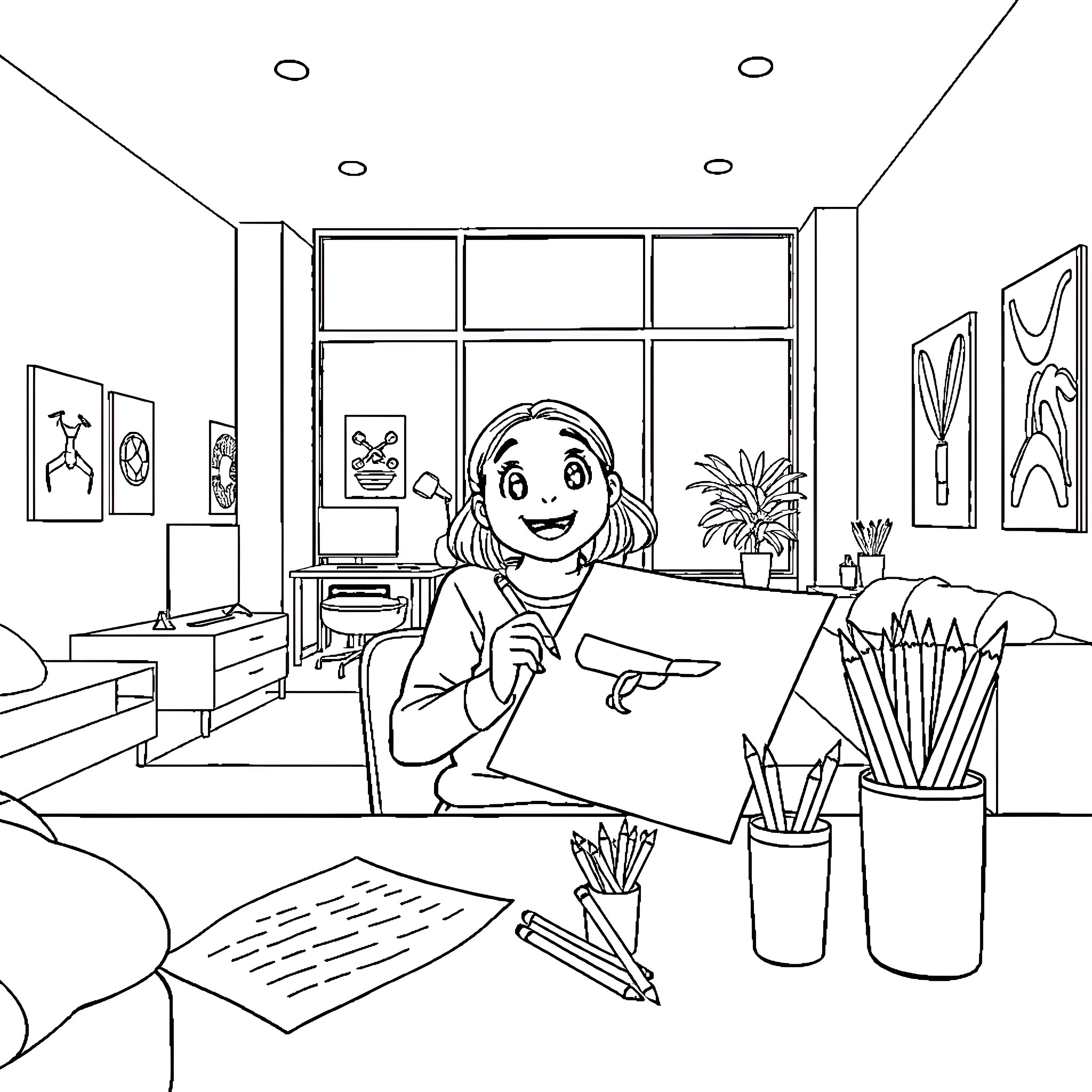 Girl creating artwork in her artistic workspace Coloring Page (free black-and-white line drawing printable PDF for all, from beginners to advanced learners, including children, teens, adults, and seniors)