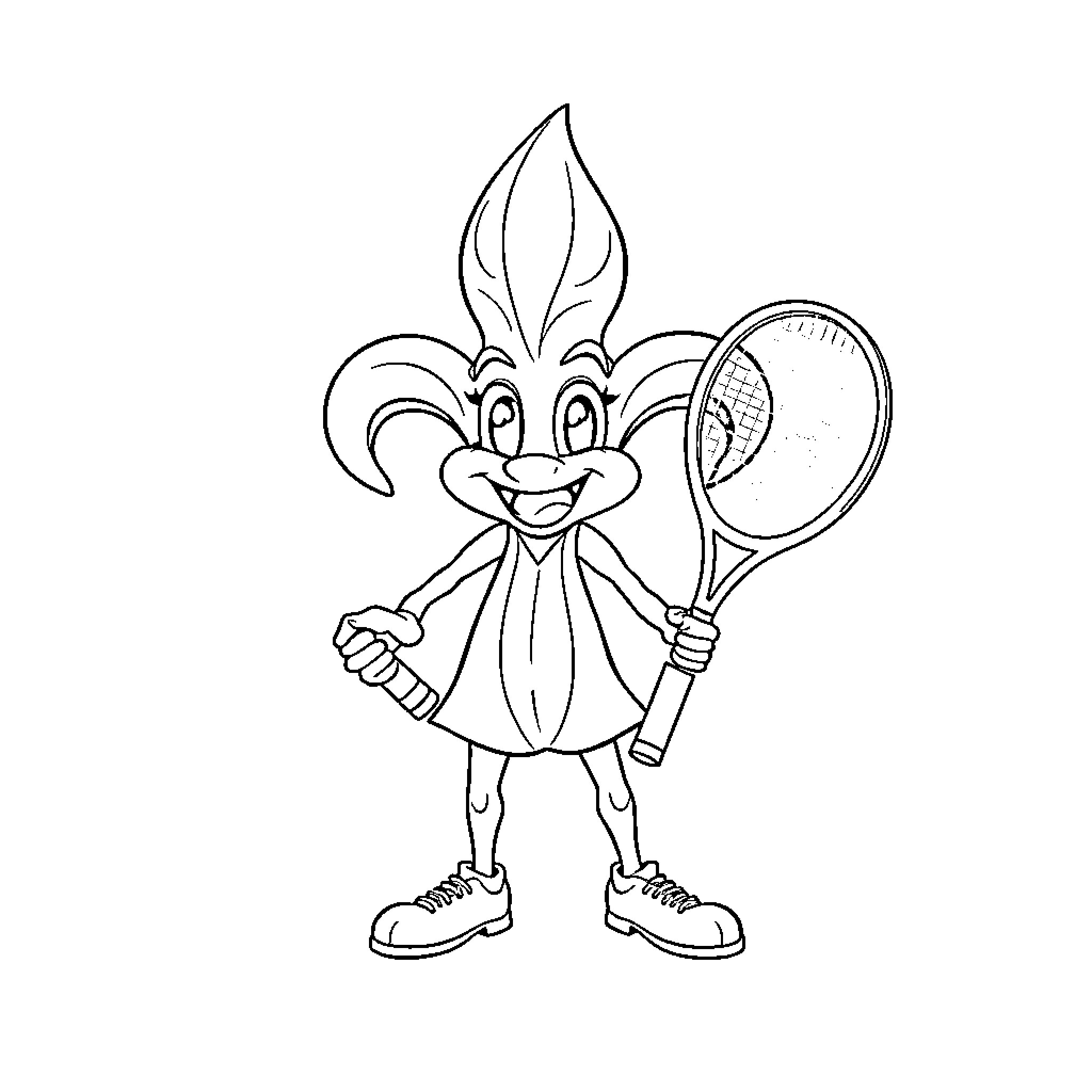Fleur-de-lis character holding a tennis racket Coloring Page (free black-and-white line drawing printable PDF for all, from beginners to advanced learners, including children, teens, adults, and seniors)