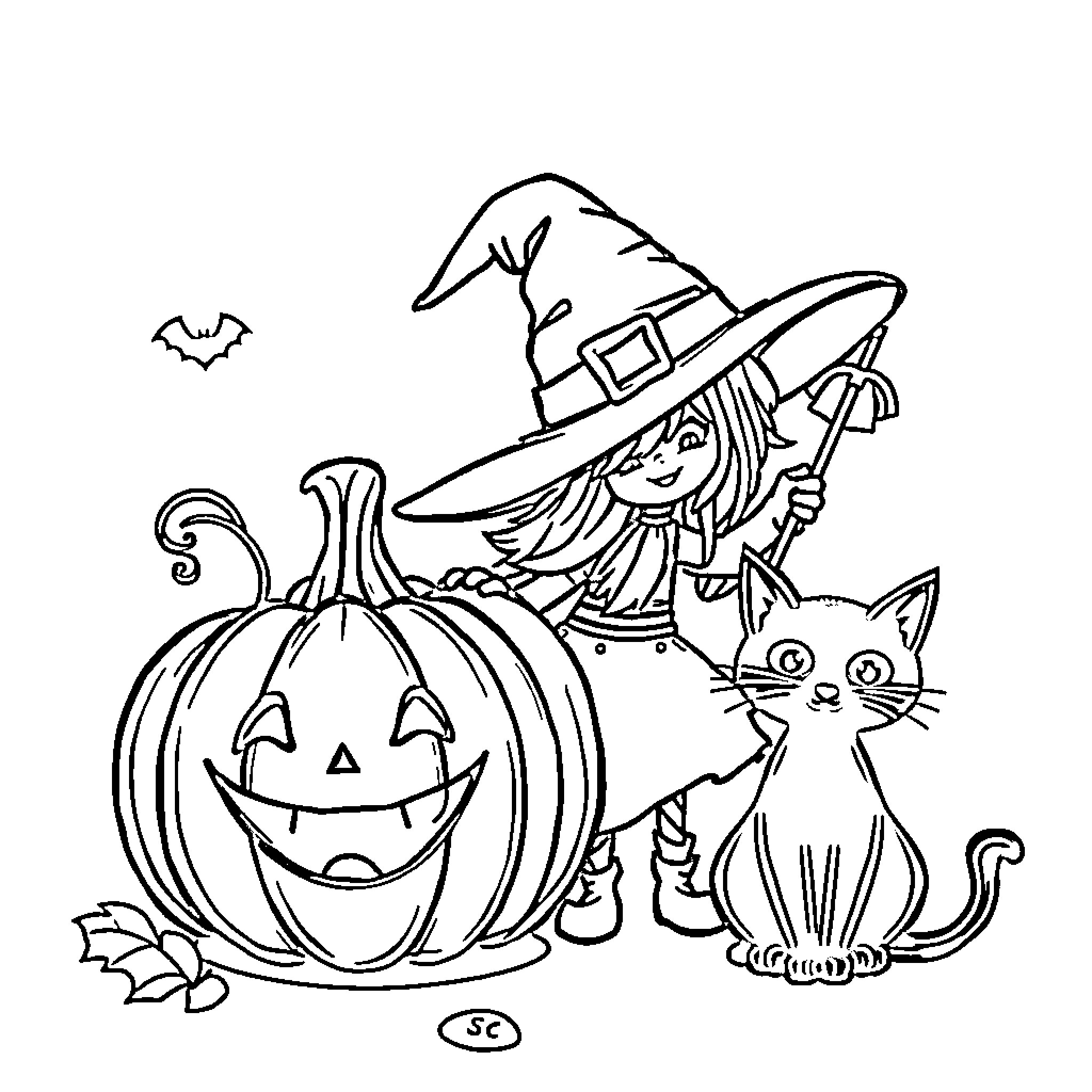 Pumpkin Patch Playful Halloween Scene Coloring Page (free black-and-white line drawing printable PDF for all, from beginners to advanced learners, including children, teens, adults, and seniors)