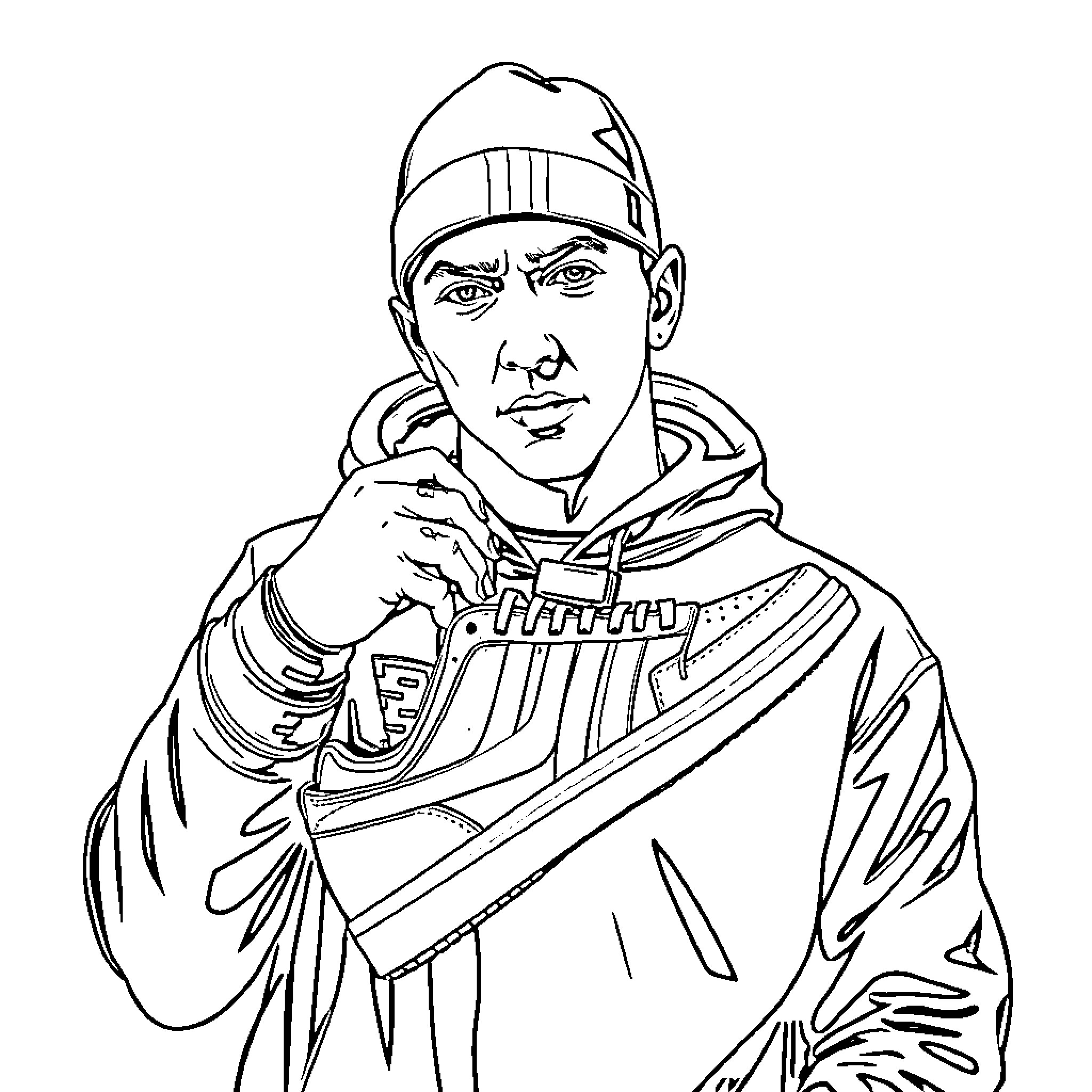 Eminem in a pensive pose with a headphone Coloring Page (free black-and-white line drawing printable PDF for all, from beginners to advanced learners, including children, teens, adults, and seniors)