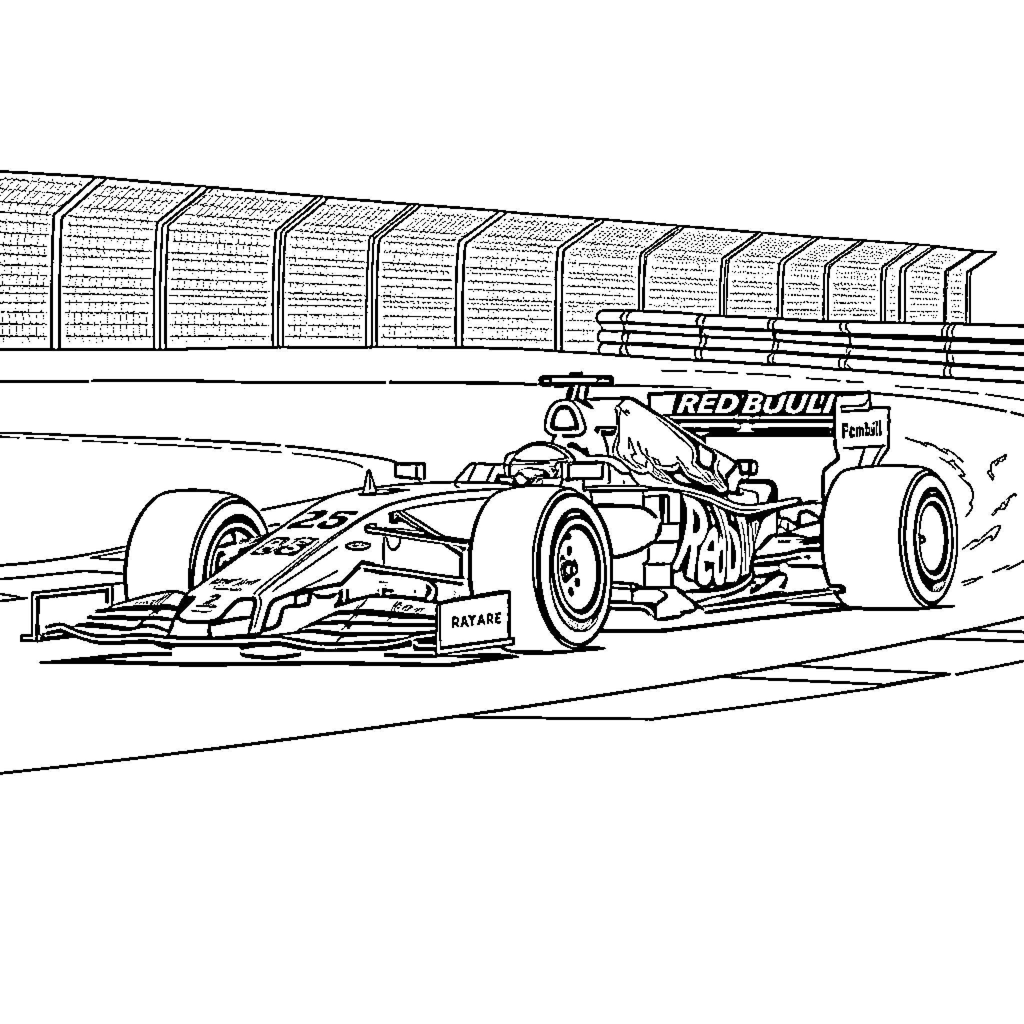 Formula 1 race car speeding on the track Coloring Page (free black-and-white line drawing printable PDF for all, from beginners to advanced learners, including children, teens, adults, and seniors)