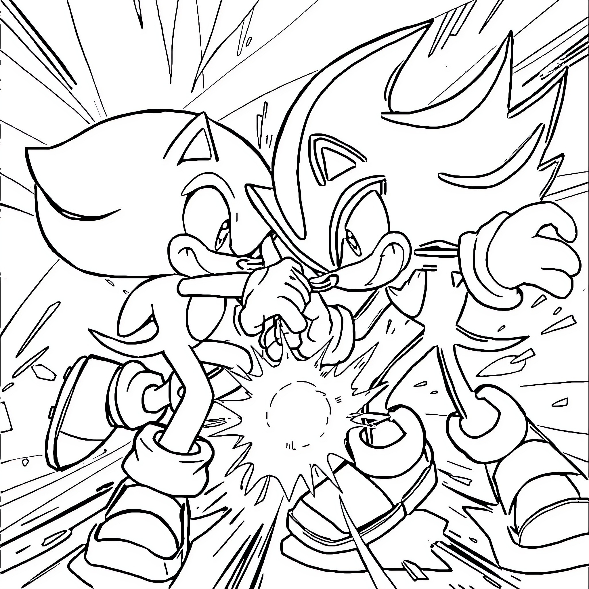 Sonic characters in dynamic action scene Coloring Page (free black-and-white line drawing printable PDF for all, from beginners to advanced learners, including children, teens, adults, and seniors)
