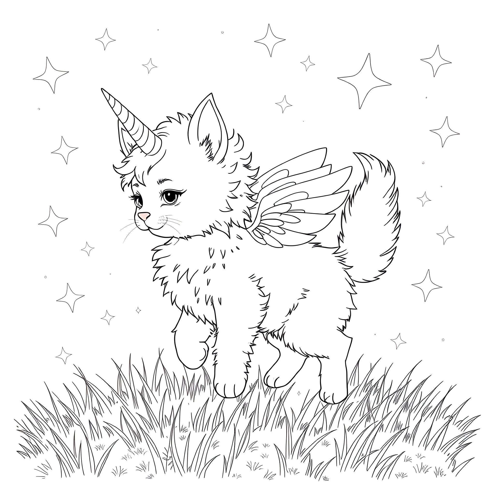 Unicorn Kitty playing joyfully in the starry meadow Coloring Page (free black-and-white line drawing printable PDF for all, from beginners to advanced learners, including children, teens, adults, and seniors)