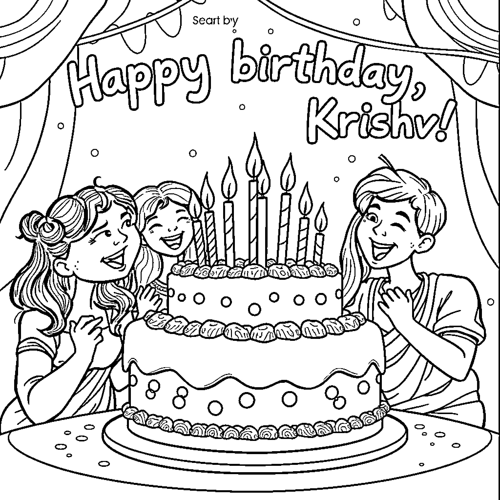 Birthday celebration with friends and cake Coloring Page (free black-and-white line drawing printable PDF for all, from beginners to advanced learners, including children, teens, adults, and seniors)