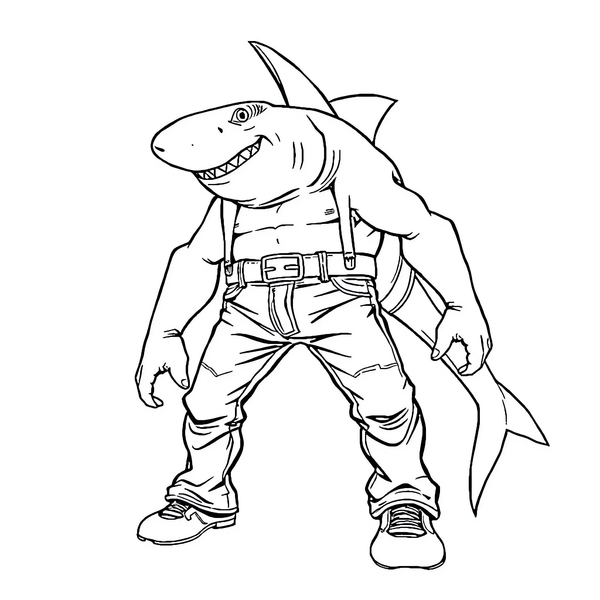 Shark dressed up in casual outfit Coloring Page (free black-and-white line drawing printable PDF for all, from beginners to advanced learners, including children, teens, adults, and seniors)